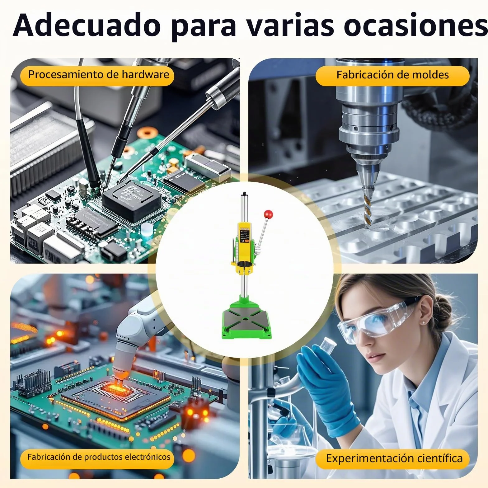 Soporte de perforación giratorio de 90° para taladradora - Banco de trabajo multifuncional con diámetro de collar de 38-43 mm | Incluye 3 cabezas de plástico (diámetro interior: 38-42 mm, 40 mm, 27 mm