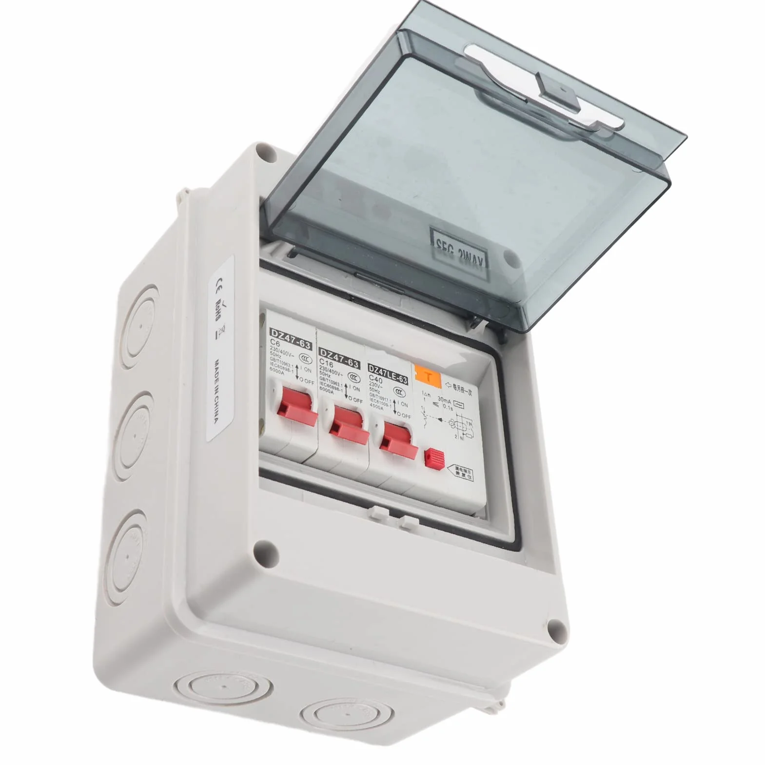 Unidad de Consumo Eléctrica de 2 Vías, 40A con RCD 30mA y 2 MCB 6A/16A, Protección IP65, para Caravanas y Garajes