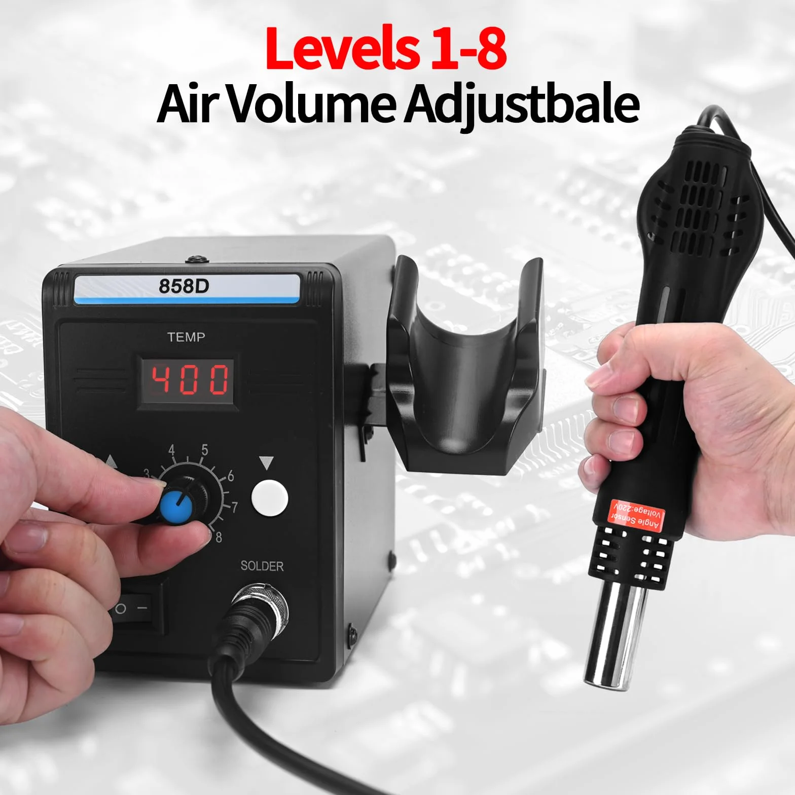 Estación de retrabajo de aire caliente con pantalla LCD, estación de soldadura de temperatura y volumen ajustable 858D, 3 boquillas de aire caliente, 700 W para soldadura y reparación SMD