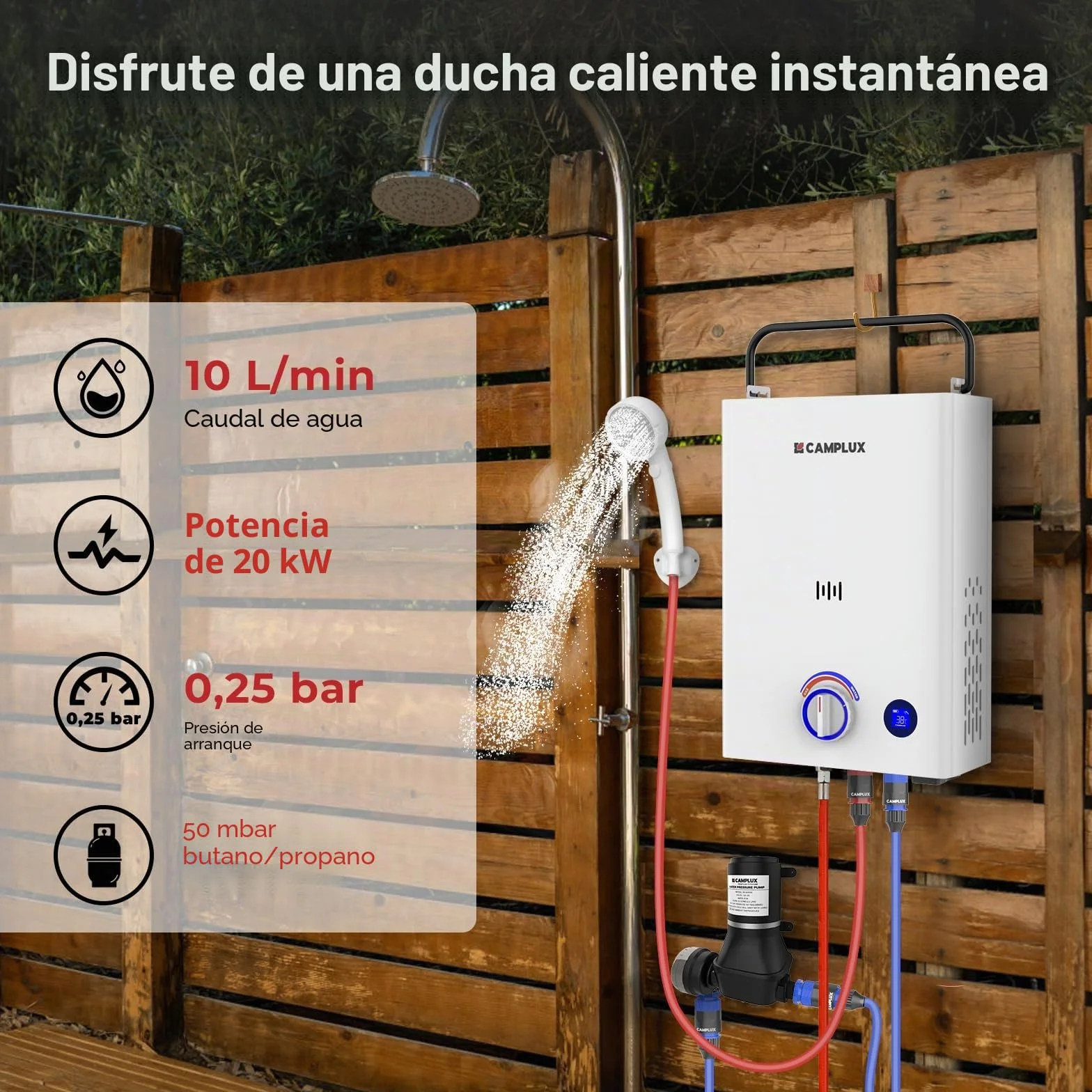 CAMPLUX First 10 L/M Calentador de Agua a Gas con Bomba de Agua & Mango, GPL (50mbar), para Ducha al Aire Libre/Camping/RVs, F10 Pro-DE