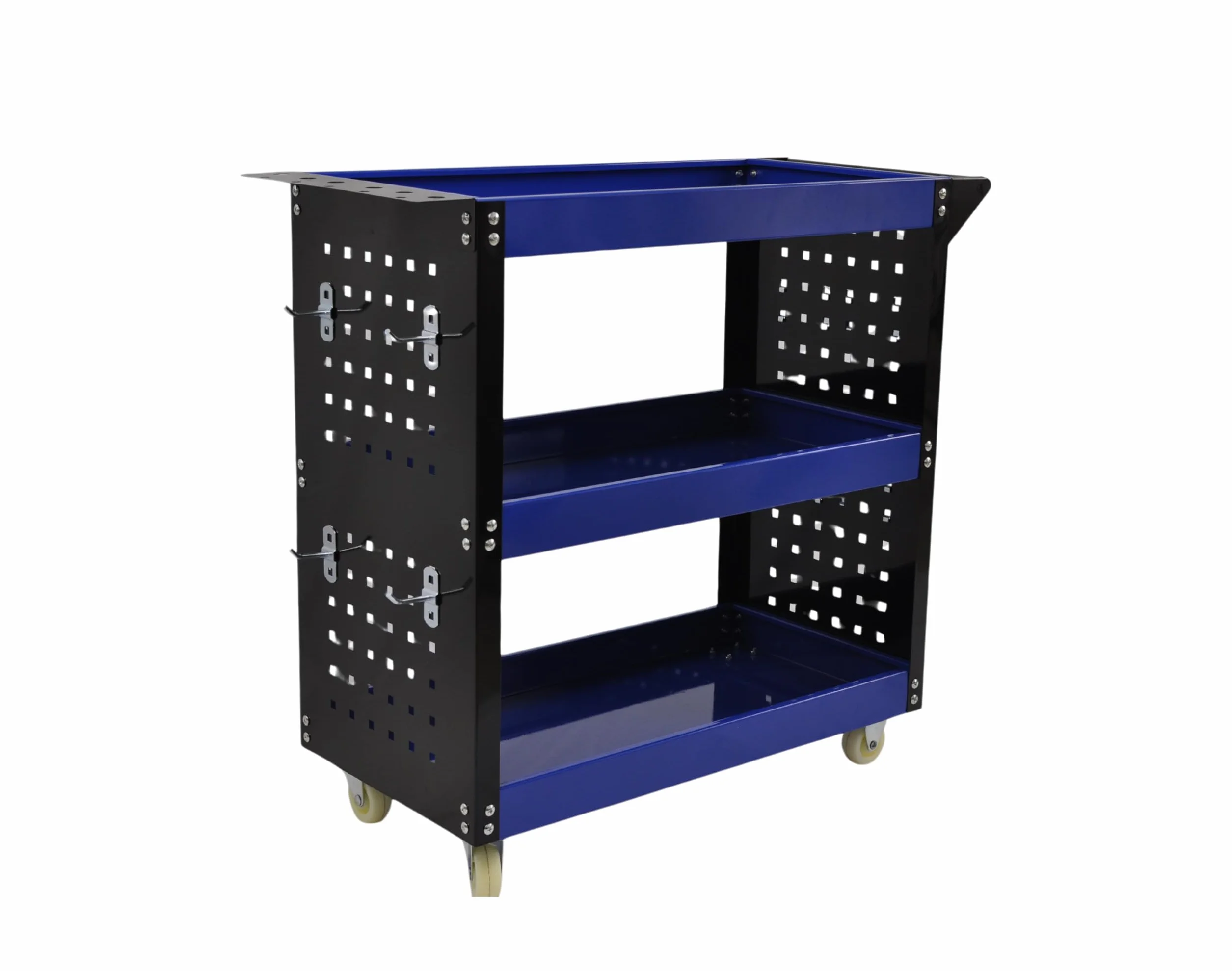 Carro de Taller Profesional 3 Baldas con Paneles Laterales y Ganchos – Azul/Negro – 700×350×760 mm – Carro Herramientas con Ruedas Maniobrable