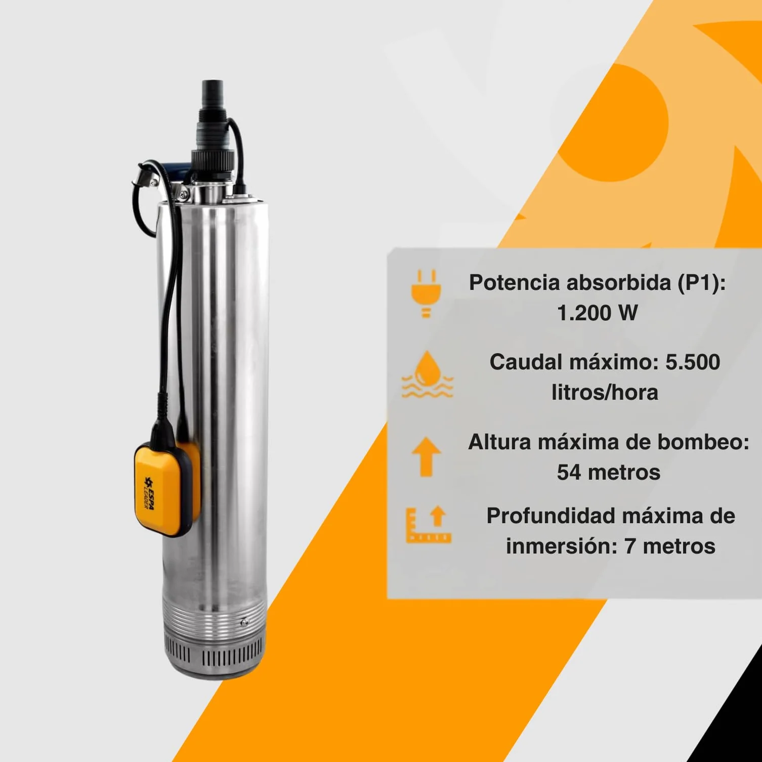 ESPA LEADER Bomba Sumergible BORA 95 4M 1200W, Caudal Máx 5.500 l/h, Altura 54m, Acero Inoxidable
