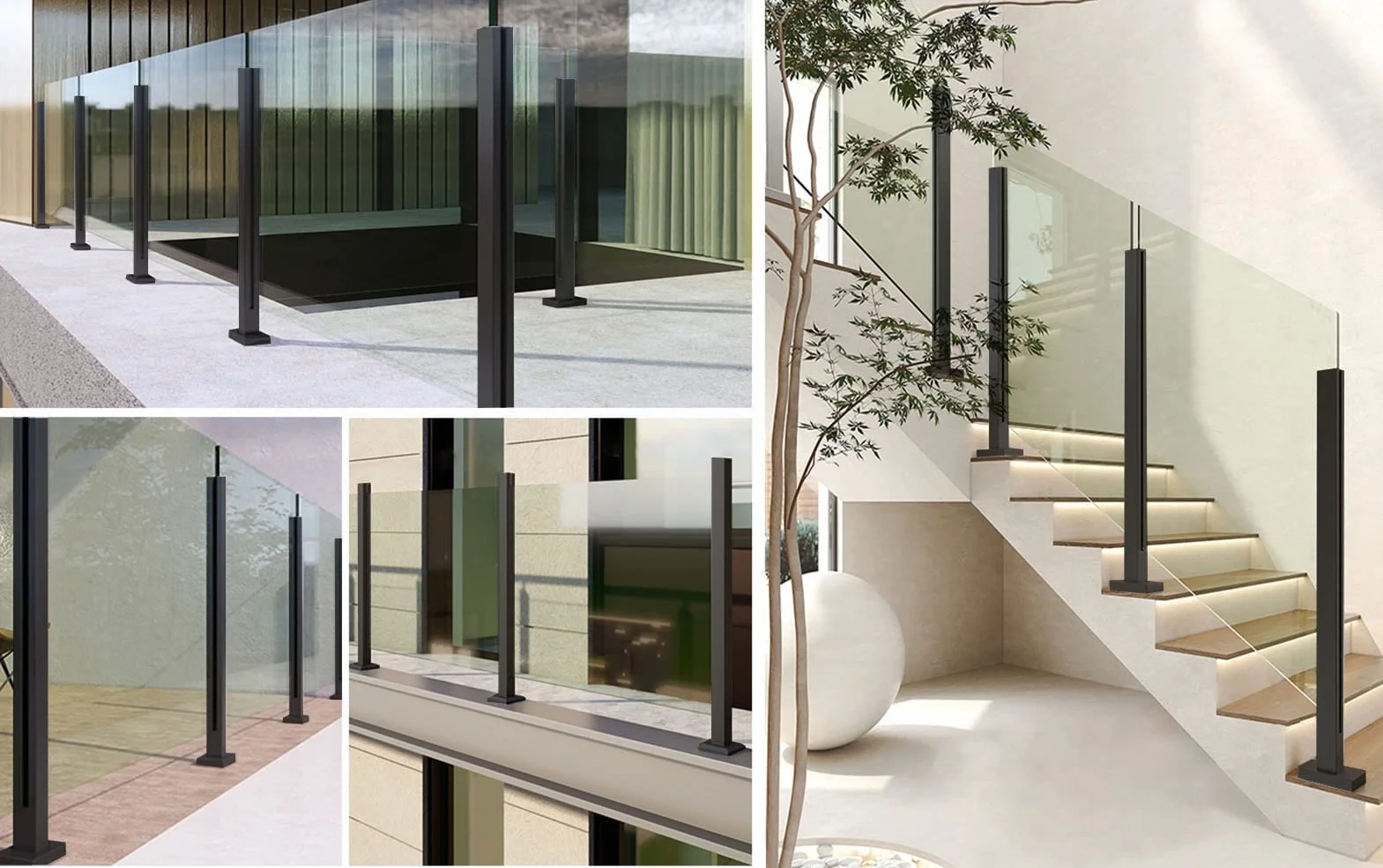 Kit de poste de balaustrada de acero inoxidable 304 de cristal negro para escaleras de pasillo interior de 90 cm de altura