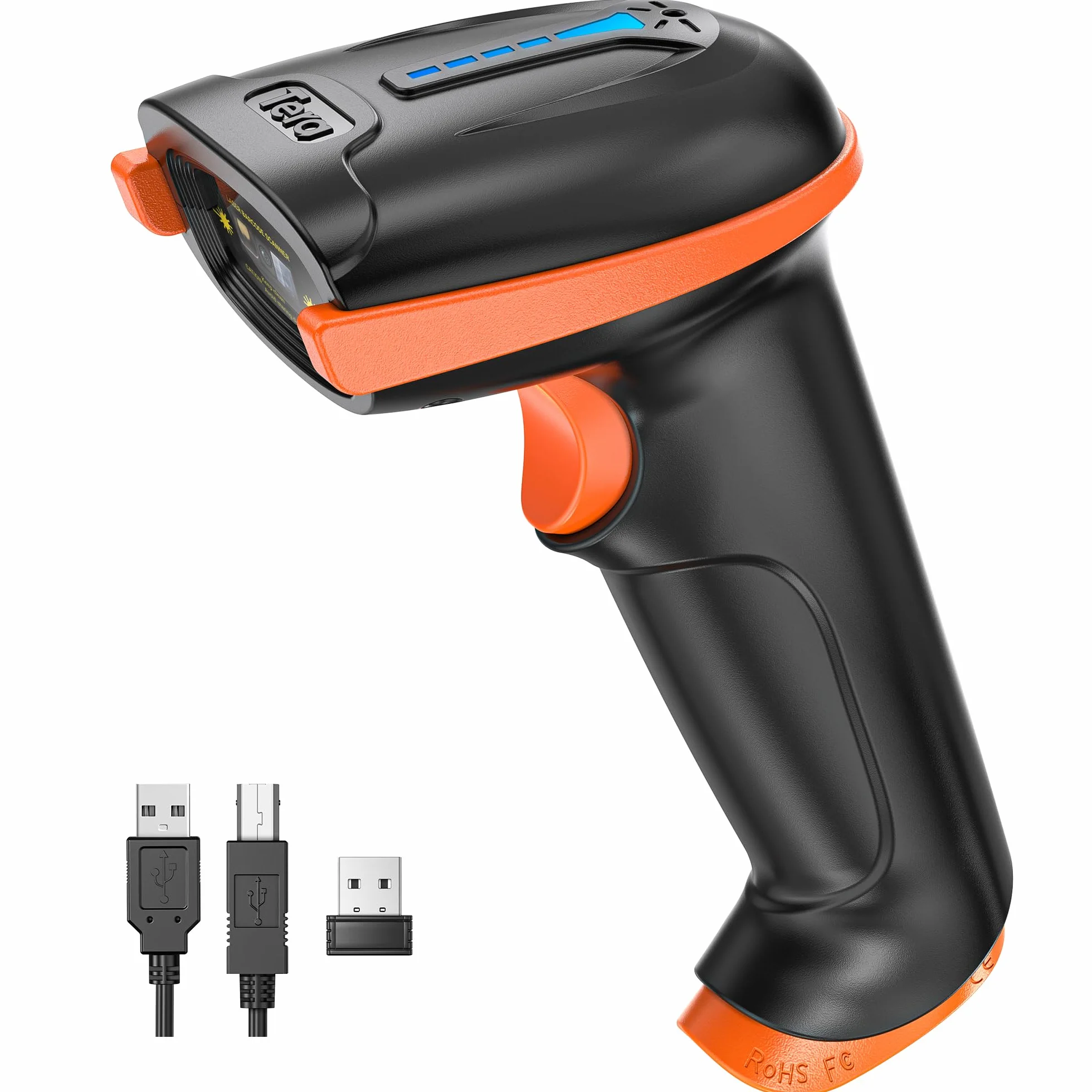 Tera Lector de Código de Barras Portátil Inalámbrico 1D Láser Inalámbrico y con Cable USB Indicador de Nivel de Batería Extra Grande de 2000mAh, Modelo 5100, Naranja/Negro
