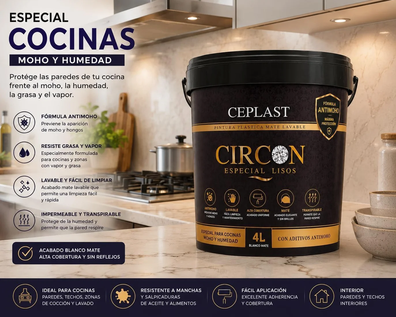 Pintura Antimoho CIRCON Interior Mate | Protección Contra Humedad, Moho y Condensación | Alta Cobertura y Acabado Profesional | Disponible en 0,75L, 4L (4 Litros)