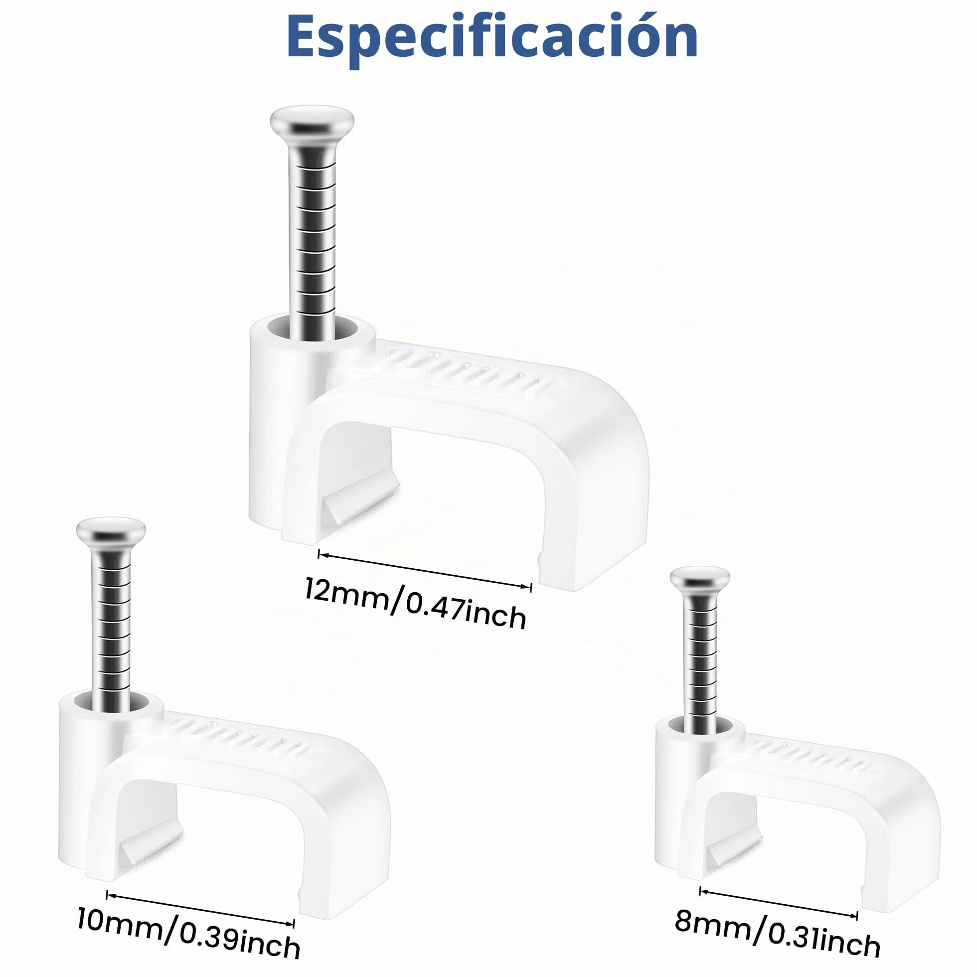 Clips Planos Blancos para Cat6 Cat7 Ethernet en la Pared con Clavo de Acero 10 mm - Soporte para Cable