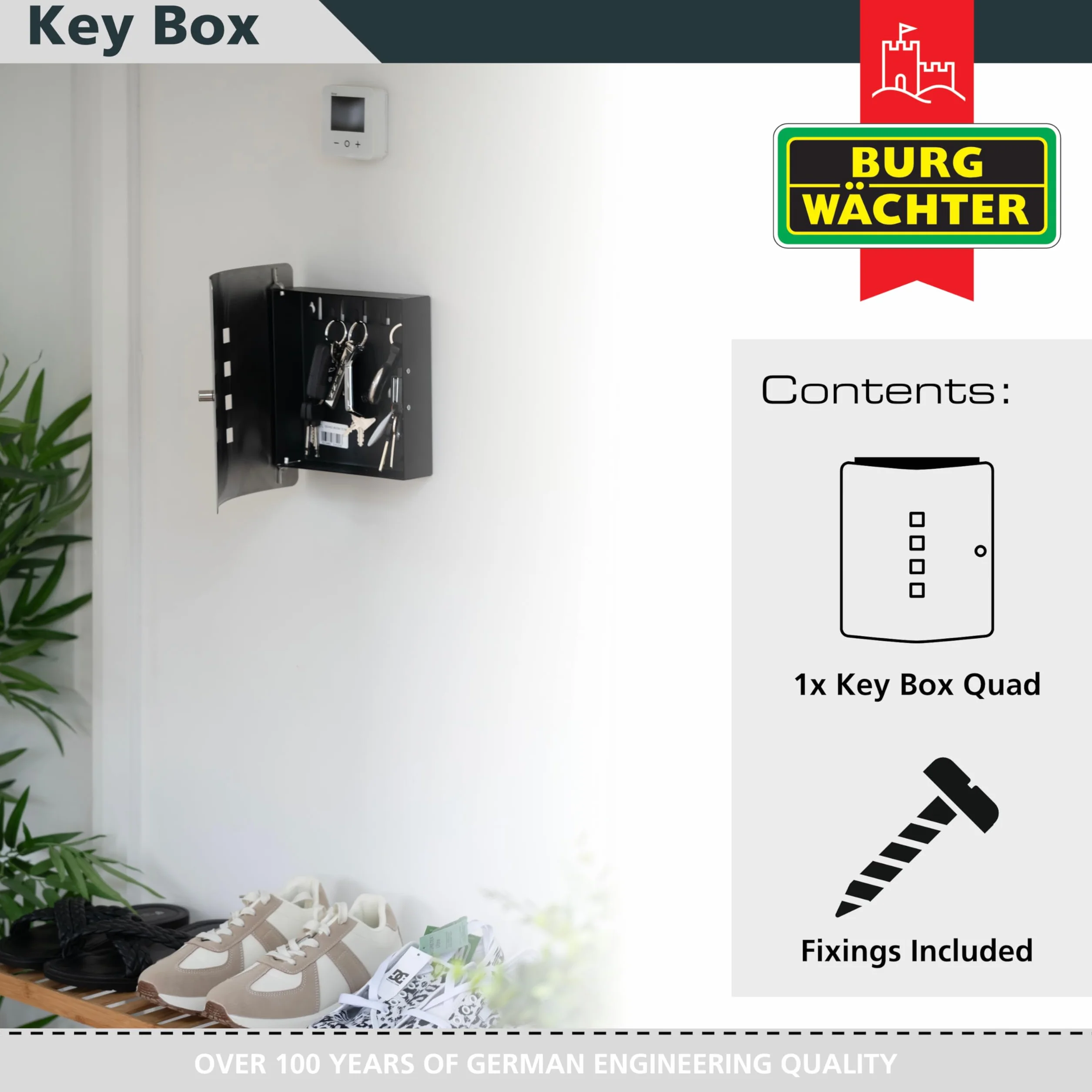 BURG-WÄCHTER Armario para llaves con 10 ganchos y cierre magnético, Caja para llaves Quad 6204/10 Ni, Acero inoxidable/chapa de acero, Plateado/negro