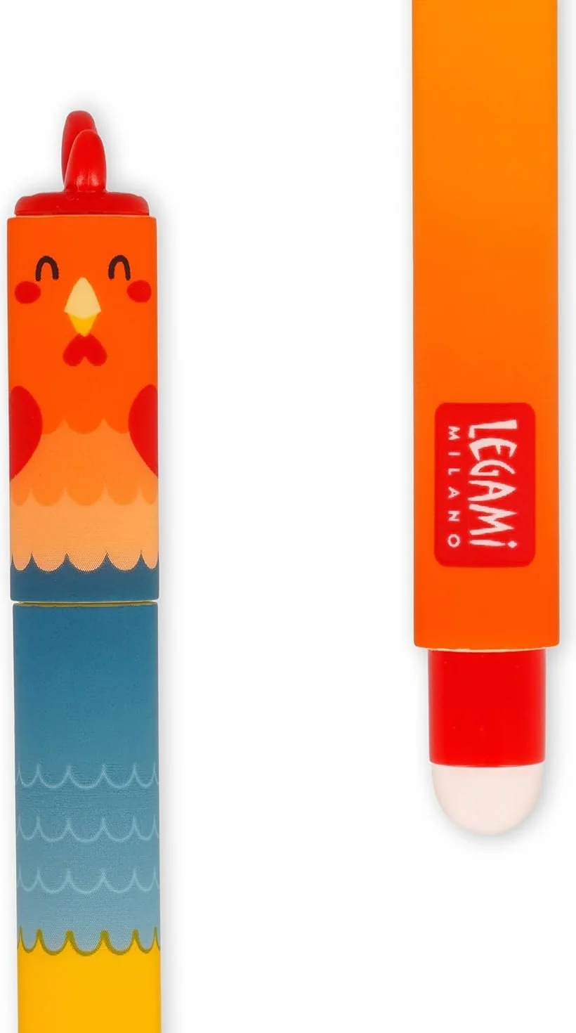 Legami Set de 4 bolígrafos de gel borrable Farm Sweet Farm, tinta termosensible, 0.7 mm, negro, rosa, verde, rojo