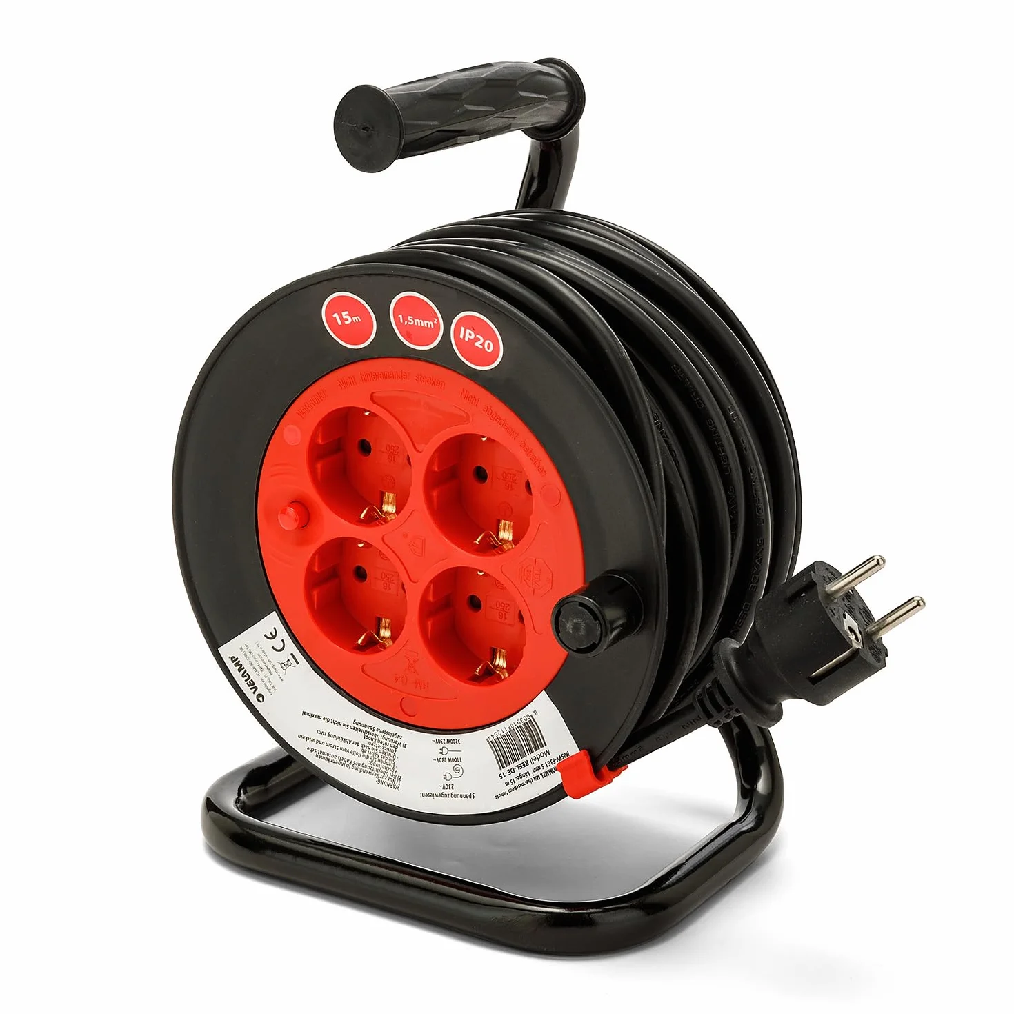 Carrete de cable DIY 4 enchufes estándar Schuko, cable H05VV-F3G1.5MM2, 15M, CE