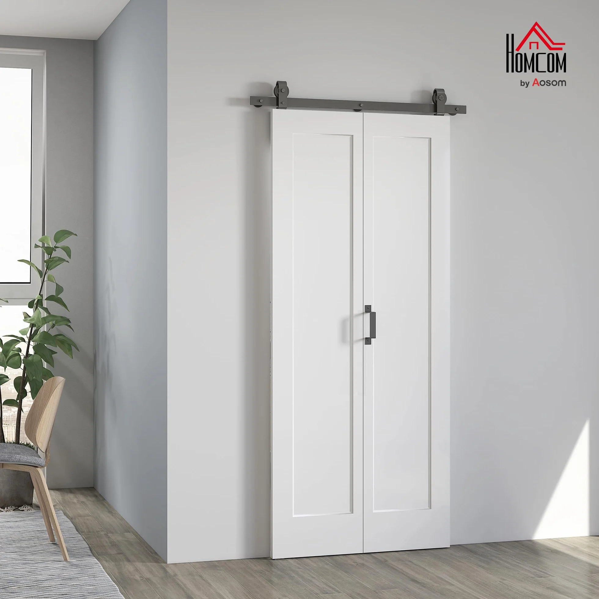 HOMCOM Puerta Corredera con Herrajes Puerta Plegable Corredera con Acabado Personalizable Tirador Fácil Montaje para Baño Salón Sala de Estar Cocina 90x210 cm Blanco