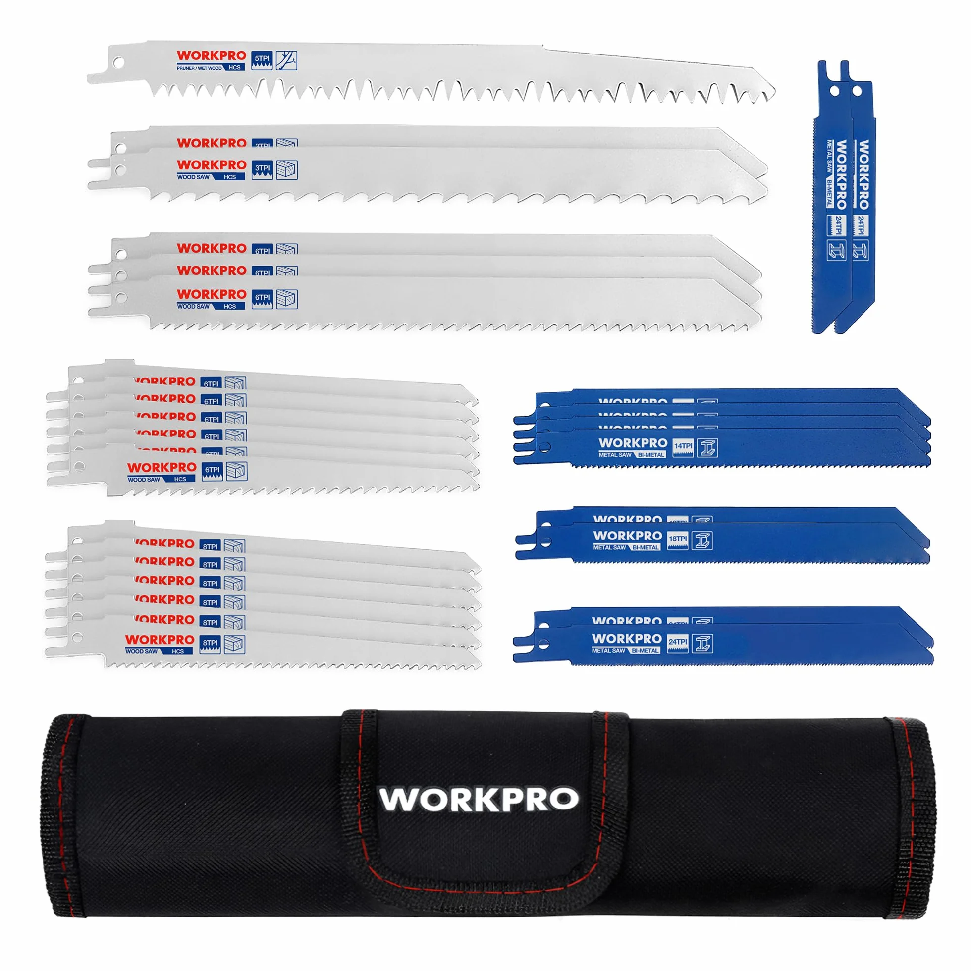 WORKPRO Hojas de Sierra Sable 32 Piezas para Madera y Metal con Bolsa Organizador