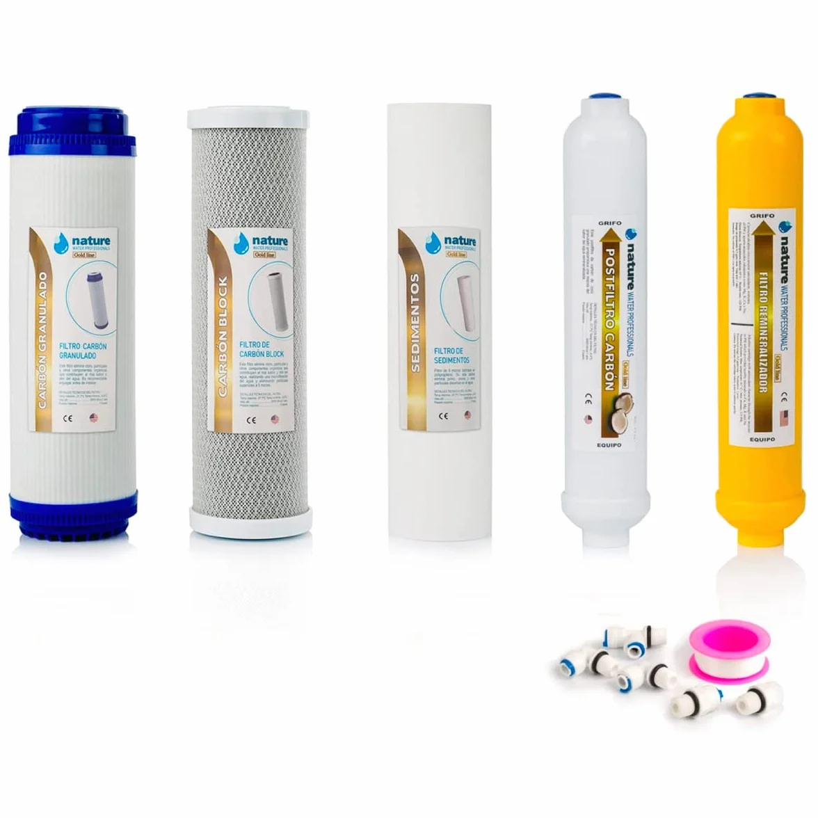 Kit de 5 Filtros Universales para Osmosis Inversa - Incluye Rollo de Teflón, Conectores y T - Ideal para Equipo de 6 Etapas Universal - Nature Water Professionals