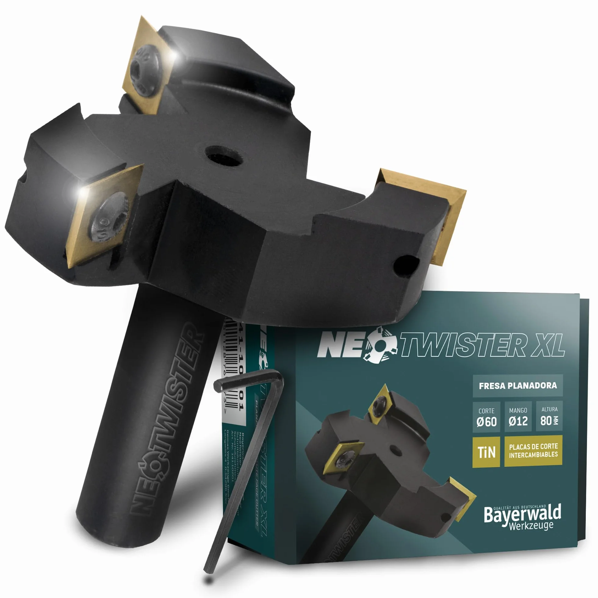 Bayerwald NeoTwister Fresa para madera – Diámetro de corte 60 mm/diámetro del vástago 12 mm – fresadora plana/fresadora de ranuras/cantos – Cuchillos intercambiables – Herramienta profesional, precisa