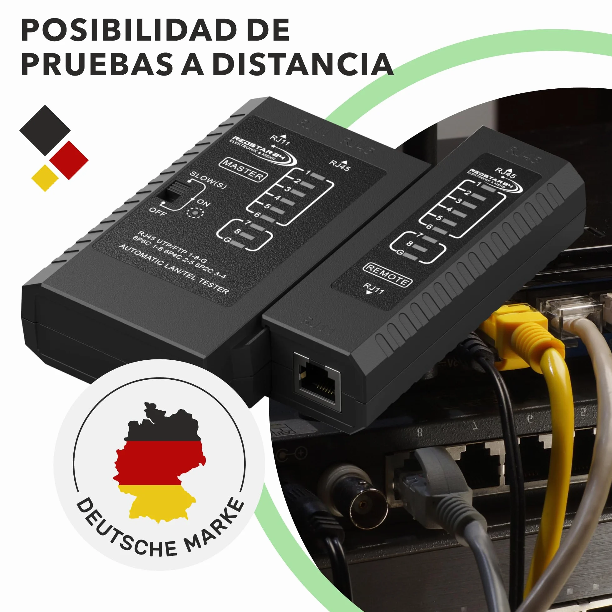 RedStar24 Comprobador RJ45 - Probador Red - Tester Cables LAN RJ11, RJ12, RJ45 para Patch Cables - LEDs Prueba para Testeo Preciso LAN y Red - Ideal para Tests Cables y Líneas