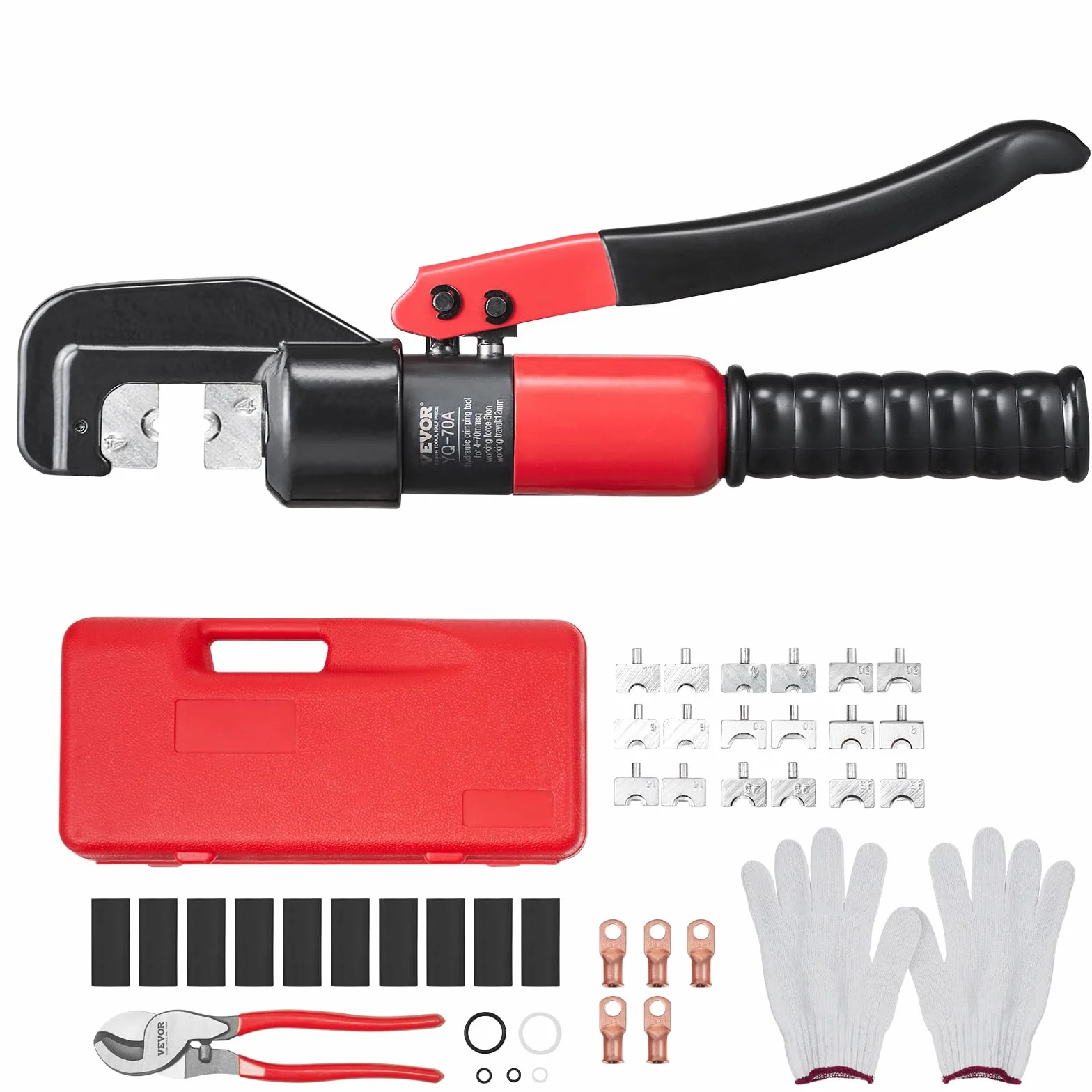 VEVOR Alicates de Corte 4-70 mm² Herramienta de Corte Hidráulico Aluminio y Cobre Cable de Batería AWG12-2/0 con Cortador de Cable Par de Guantes 50 Conectores Anillo de Cobre para Electricistas
