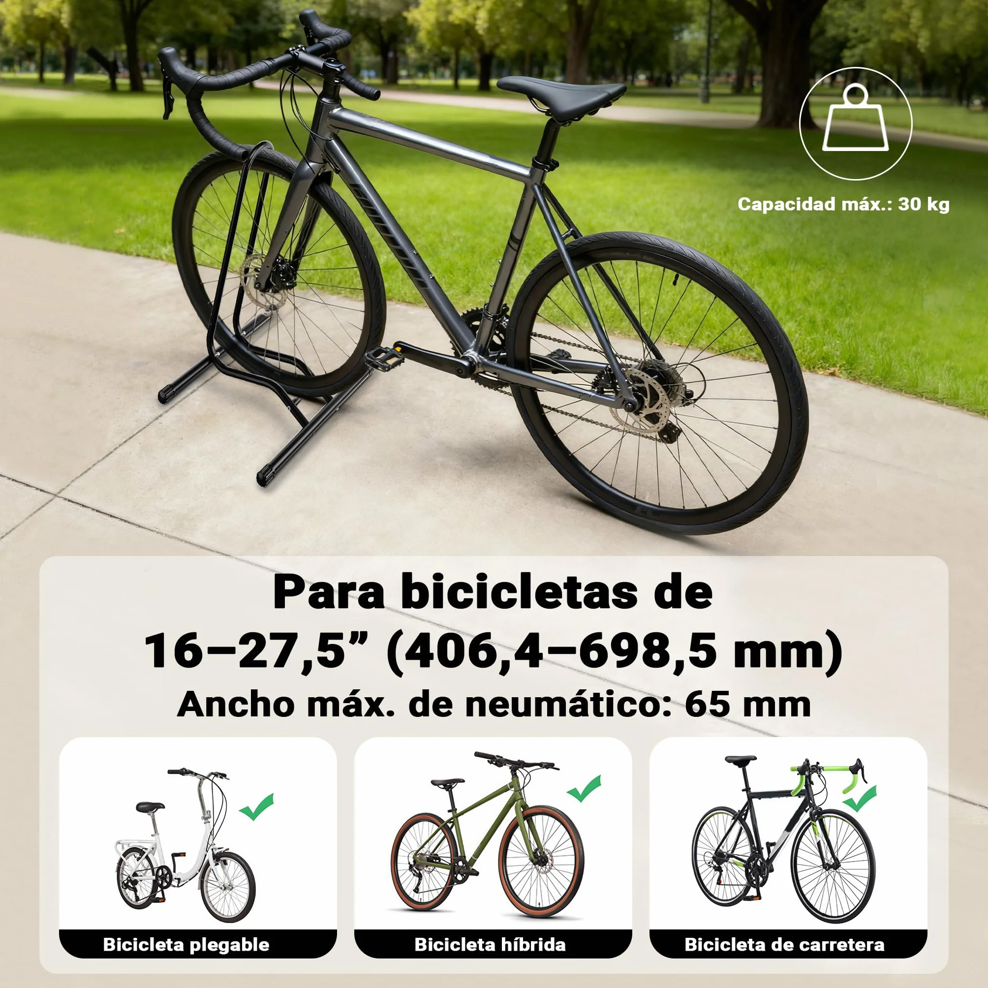 Soporte para aparcar Bicicletas portátil Suelo para 1 Bicicleta Ancho de neumáticos 60mm