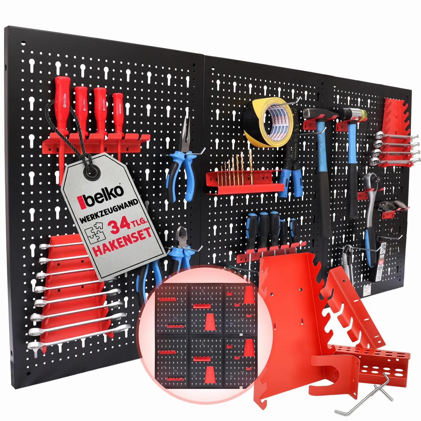 Belko® Juego de 2 paneles de herramientas de color rojo, 120 x 60 cm cada uno (combinable a 240 x 60 cm o 120 x 120 cm), incluye juego de 34 piezas de ganchos y estanterías, soporte organizador de