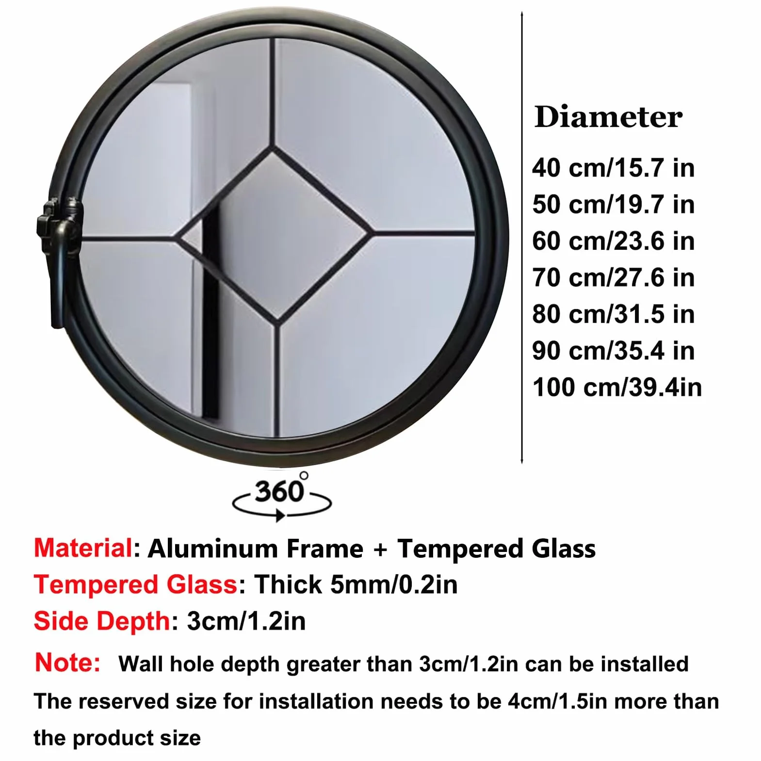 Ventana Redonda de Metal empotrada con Vidrio Templado, rotación de 360°, Eje Central y manija, ventilación e iluminación, Ventana Horizontal (Negra, 70 cm/27,6 Pulgadas)
