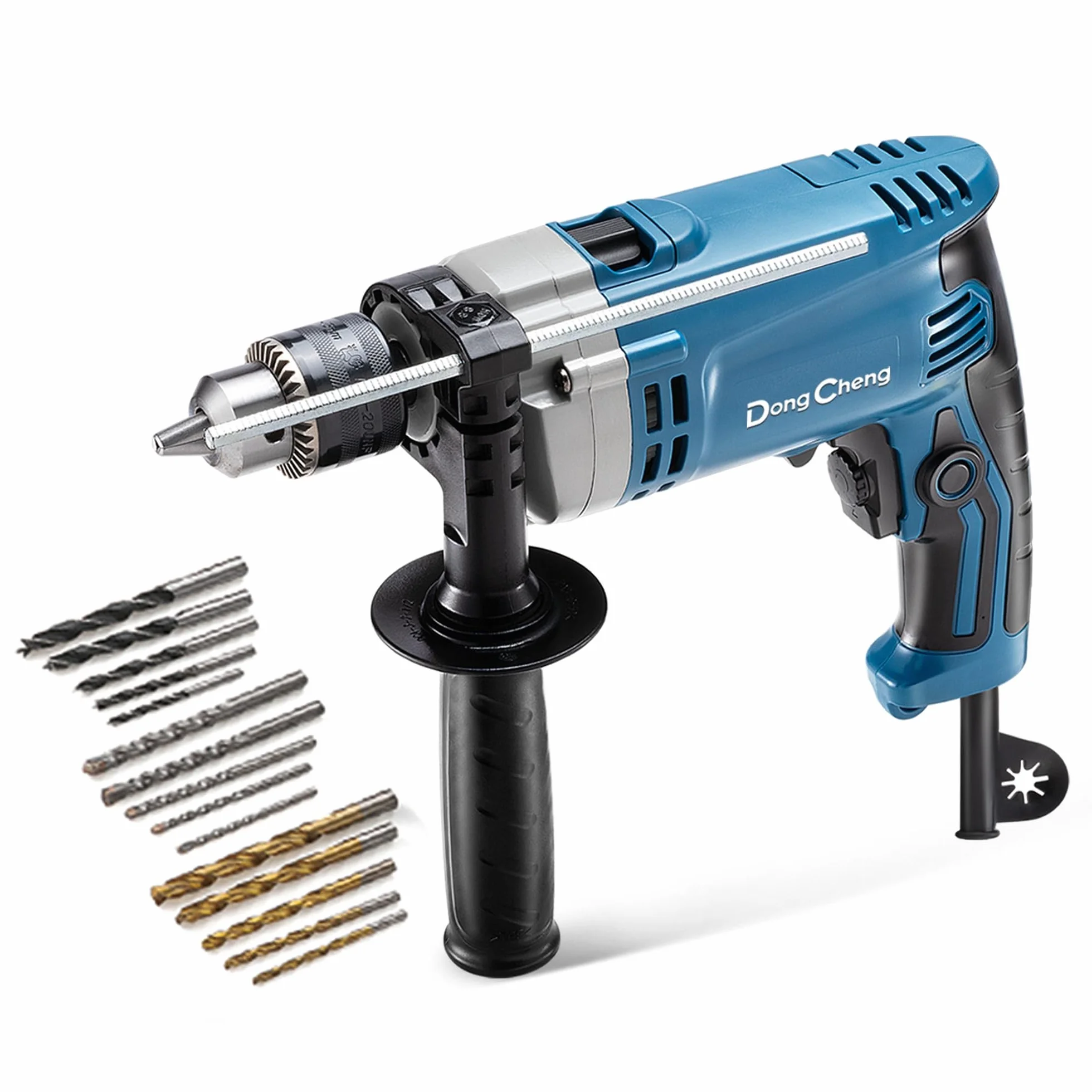 DongCheng - Taladro de percusión (710 W, 13 mm, taladro de percusión, 45,000 IPM, 3000 RPM con 15 coronas de perforación para metal, madera y hormigón