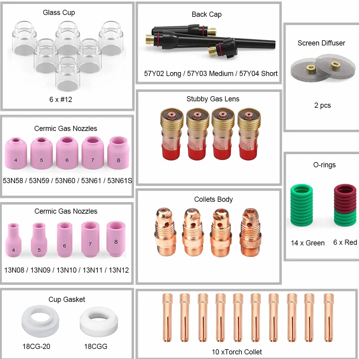 61 uds antorcha de Soldadura para TIG Lente de Gas rechoncho # 12 Kit de Copa de Vidrio para WP-17/18/26