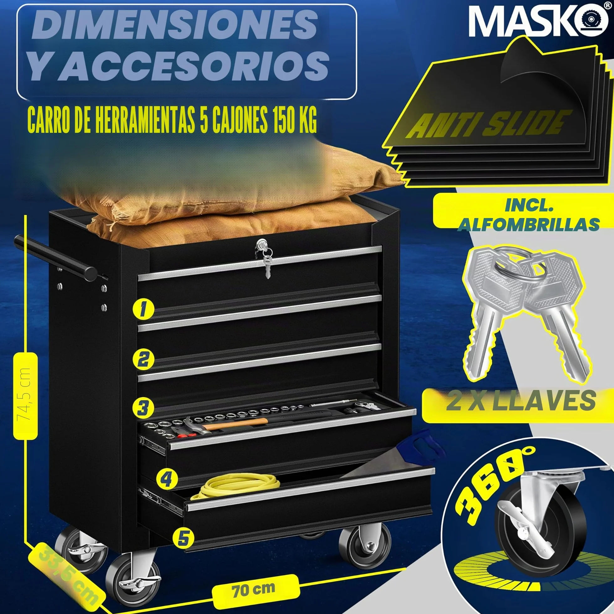Masko® - Carro de taller con ruedas, carro de herramientas, caja de herramientas, 5 y 7 compartimentos