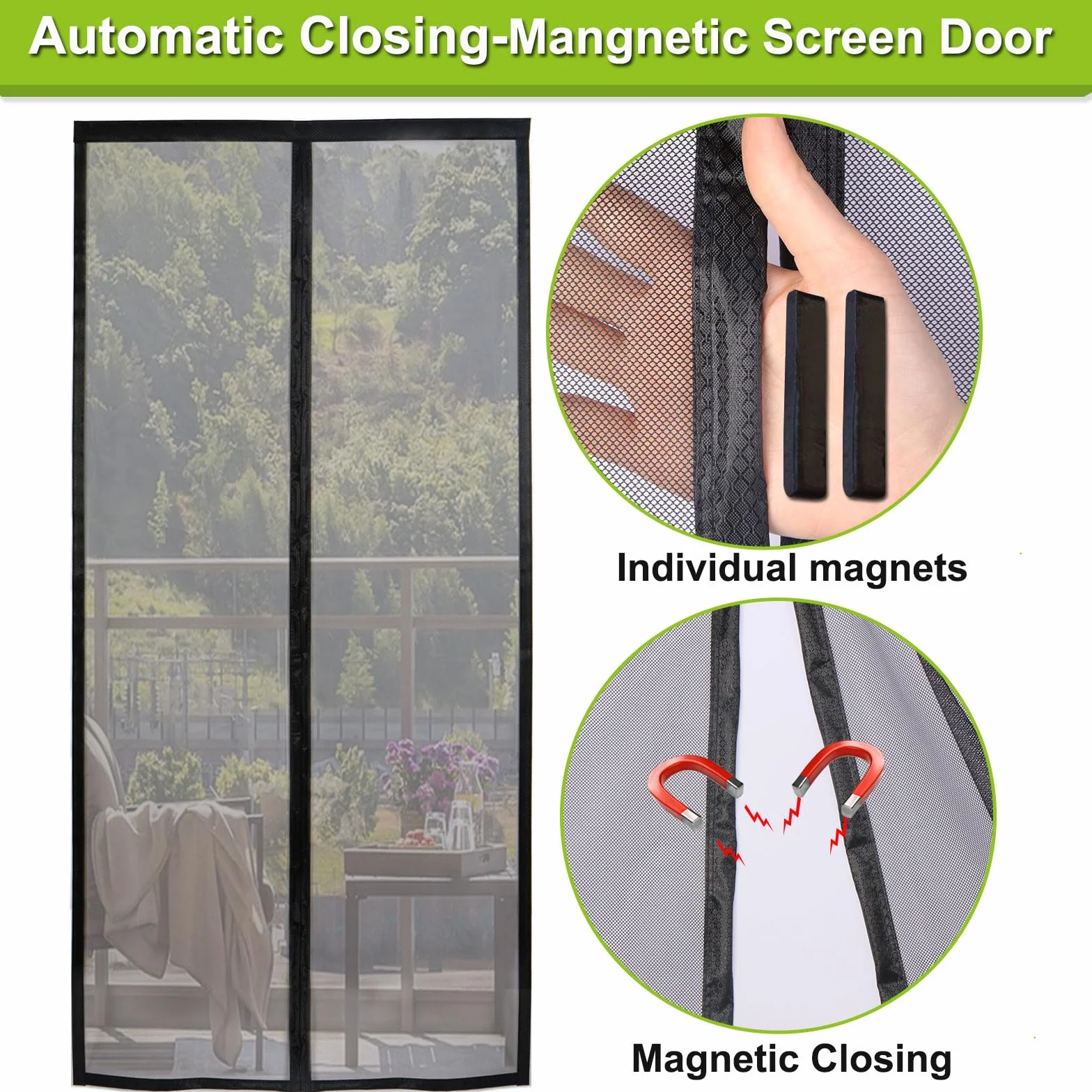 Mosquitera Puerta Magnetica 135x210cm Negro Tela Antimosquitos Exterior Corredera Cortina Malla Imanes Cierre Automatico