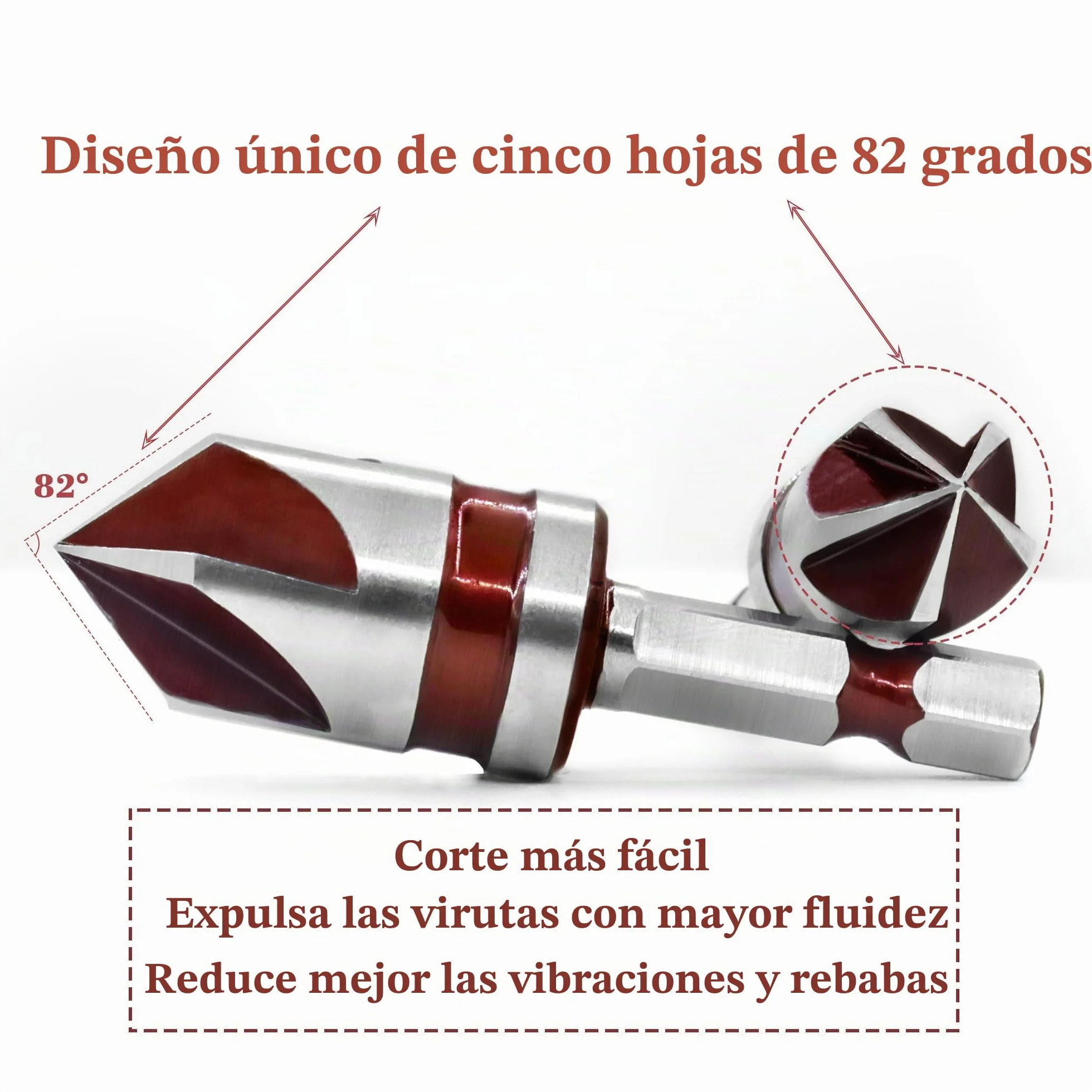 ASNOMY Juego de 5 Brocas Avellanadoras Cónicas de 82° para Metal y Madera - Avellanador y Desbarbado con Puntas Biseladas