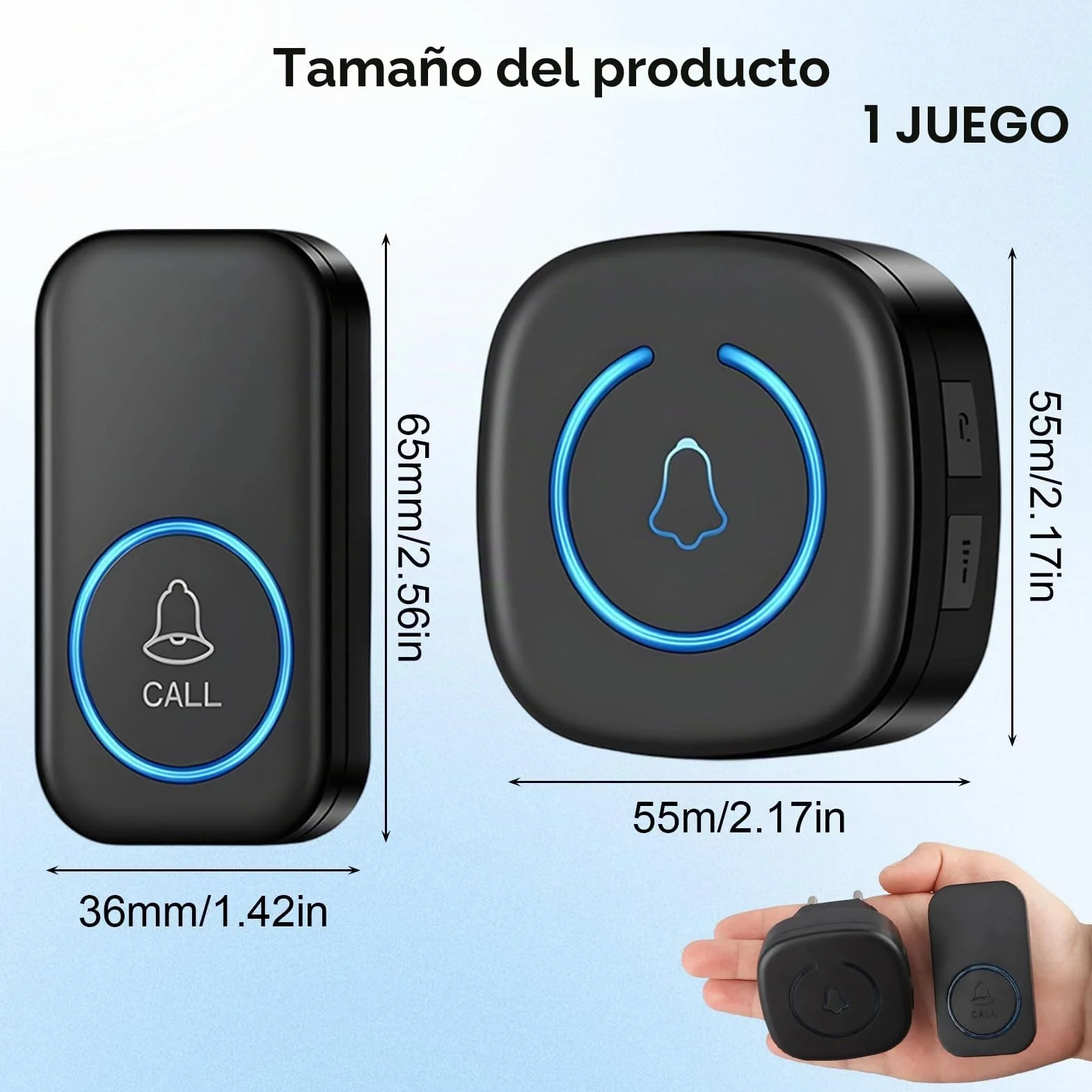 Timbre Inalámbrico Exterior Impermeable 60 Melodías 5 Niveles Volumen Kit Doorbell 1 Receptor 1 Botón LED 300m Alcance Negro