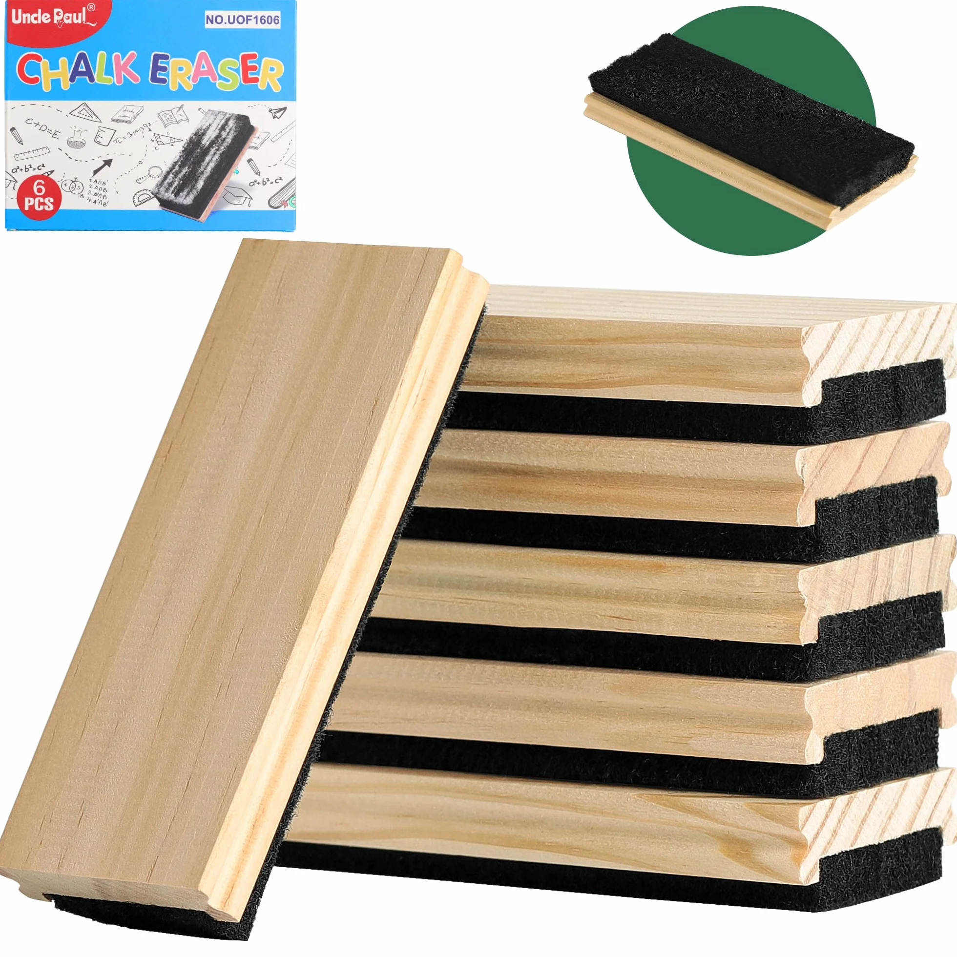 Borrador de pizarra 6 PCS Fieltro Goma con Limpiador de pino Plumero para Pizarra Blanca Oficina Material escolar