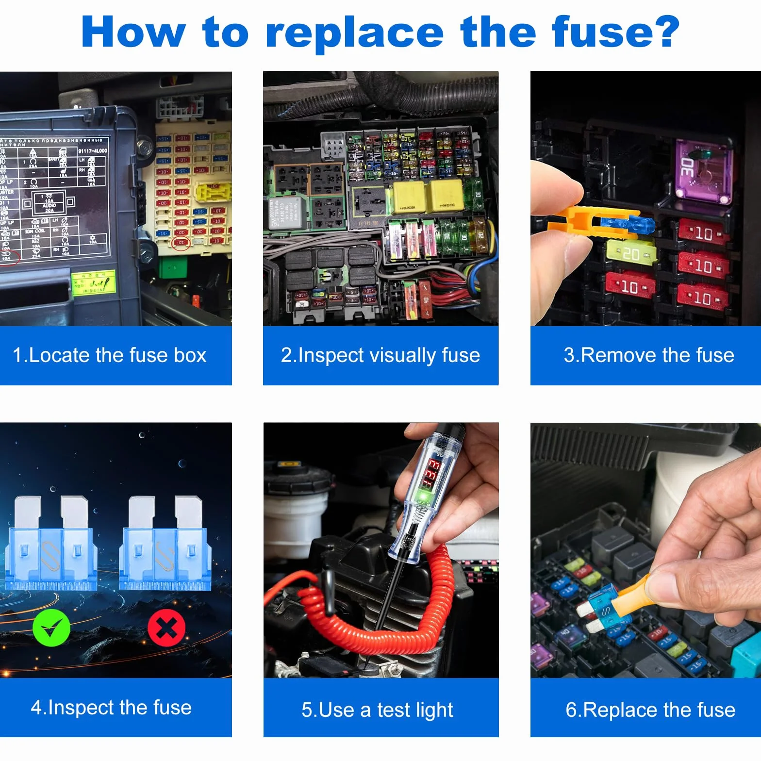 Probador de fusibles y kit de fusibles de coche (2.5-32 V, con pantalla digital LED y indicador luminoso)