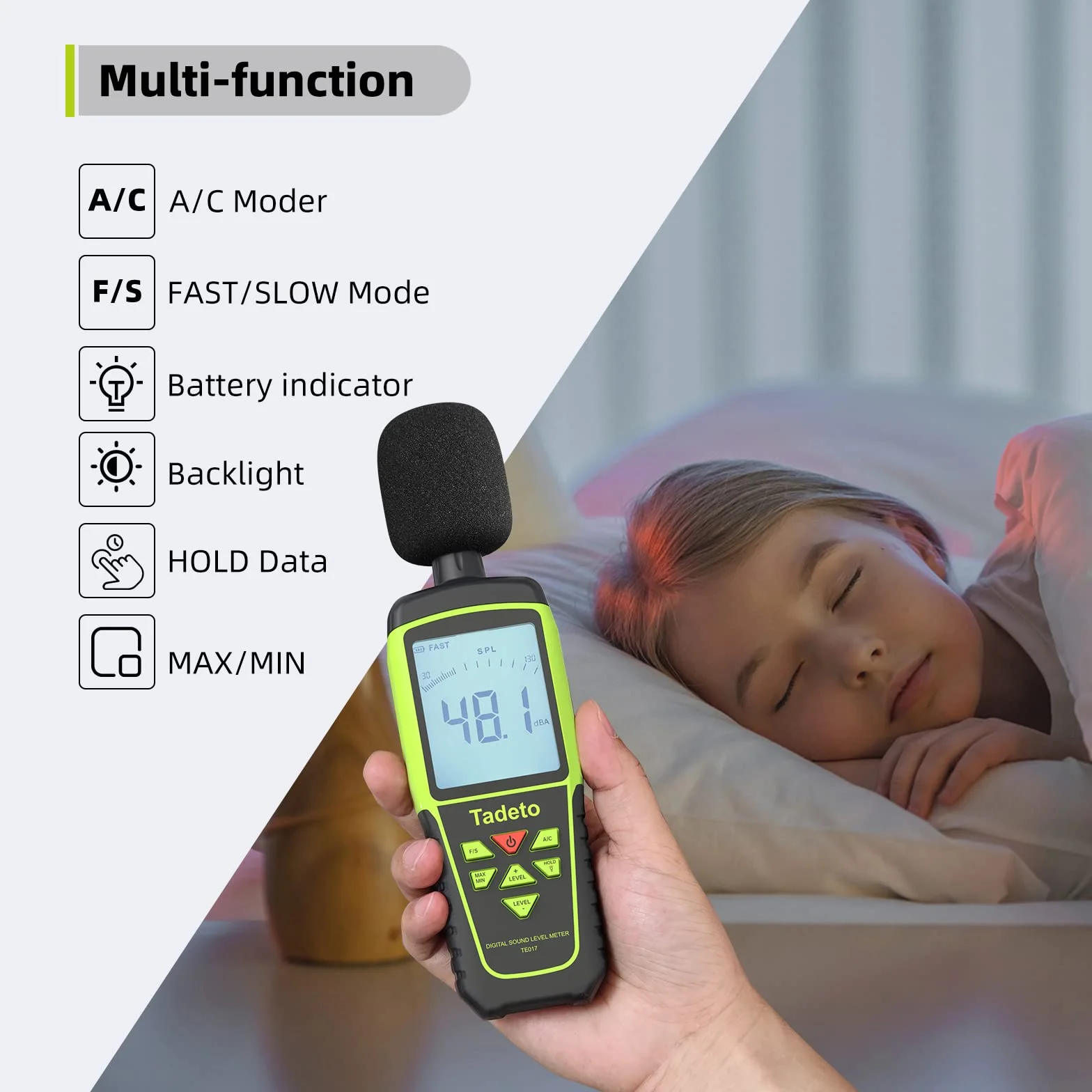Sonometro Tadeto Medidor Decibelios Portátil 30dB-130dB Pantalla LCD Retroiluminada MAX/MIN