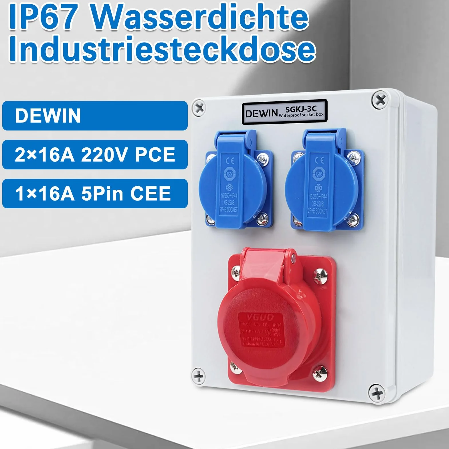 Distribuidor de Corriente de Pared, Enchufe Exterior Estanco 2x 220V Enchufes Schuko 16A+Enchufes CEE 16A 5P (3P+N+E) Caja Cuadro Electrico IP66 Impermeable para Construcción, Interiores y Exteriores