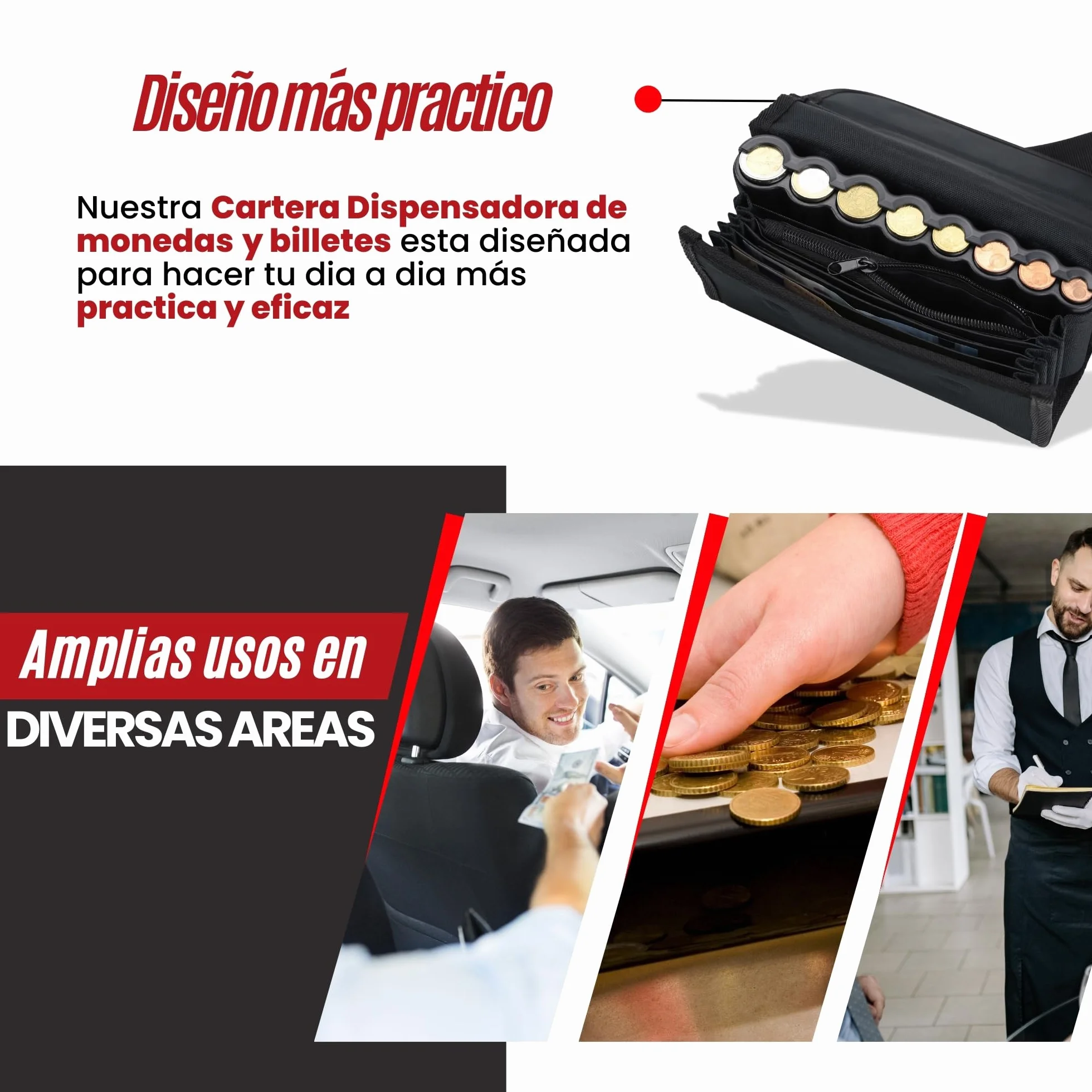Cartera Dispensador de Monedas y Billetes con Bolígrafo Detector - Riñonera Camarero para Taxi, Vendedores (Negro)