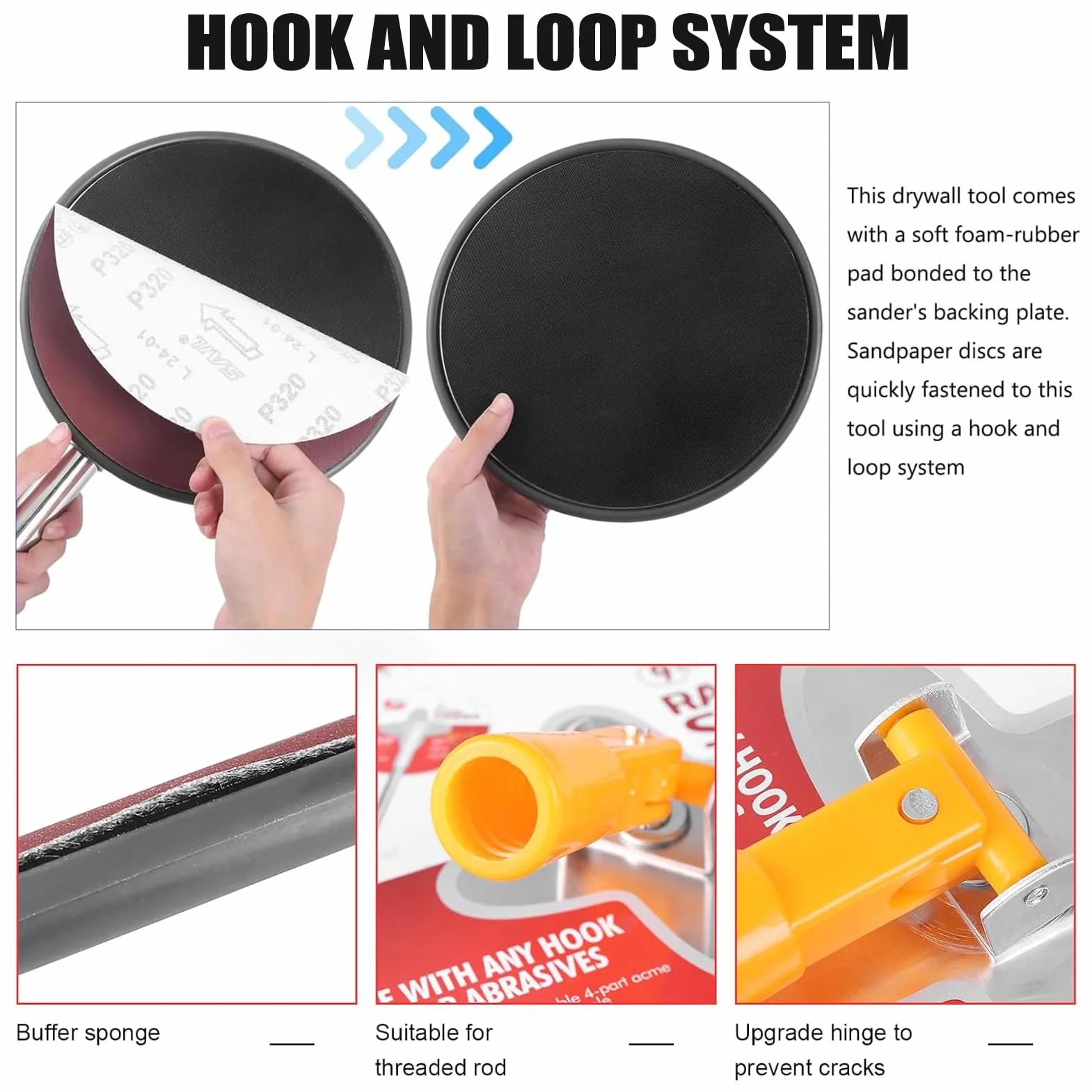 Lijadora de poste de yeso, lijadora redonda de pared seca de 9 pulgadas con poste de extensión, rotación de 360 grados, lijadora radial manual completa con 5 hojas de lijado (grano 80, 100, 120, 180