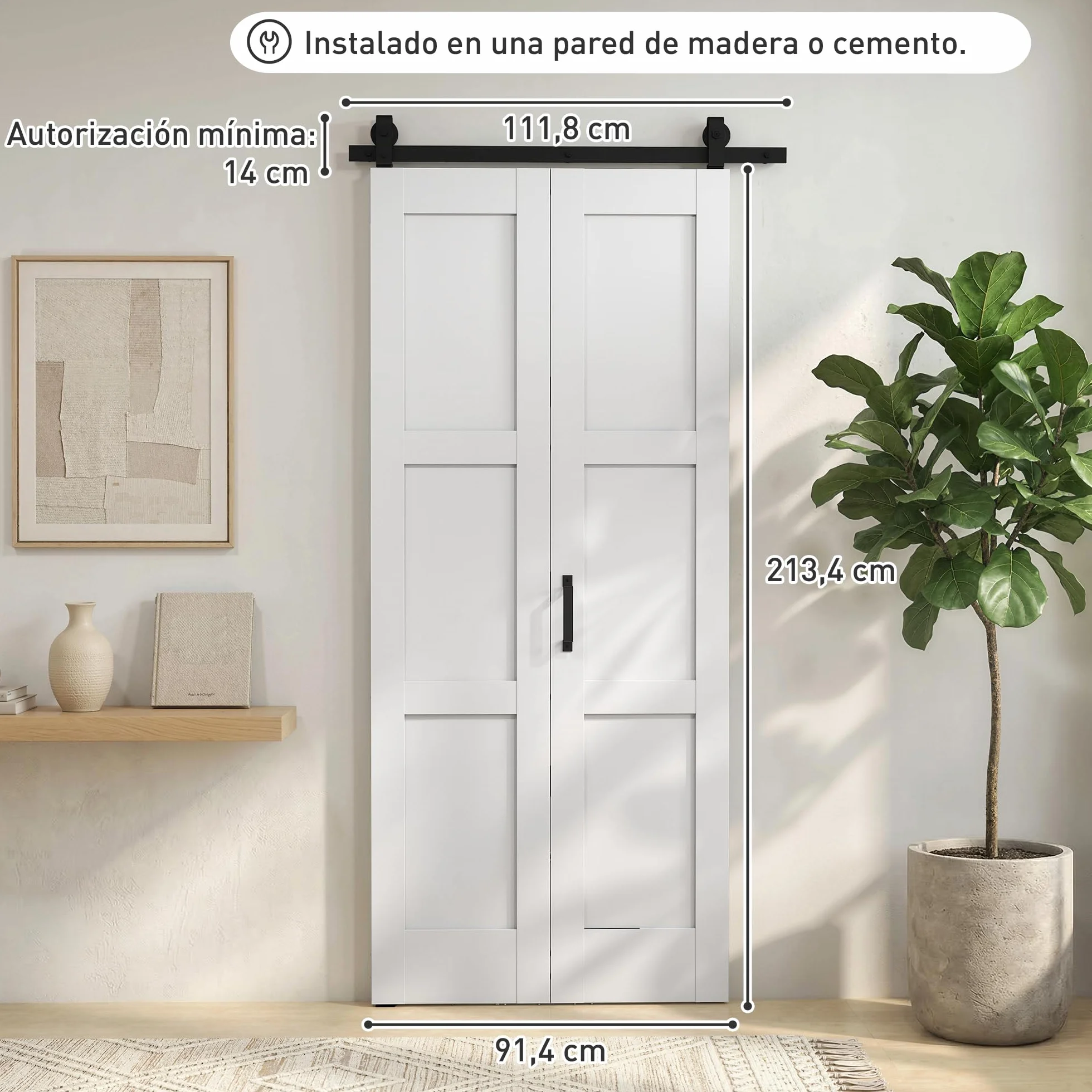 HOMCOM Puerta Corredera Plegable con Herrajes 91,4x213,4 cm, Puerta Corredera Interior con Rodillo, Riel de Acero, Guía de Suelo, Manija, para Baño, Salón, Sala de Estar, Blanco