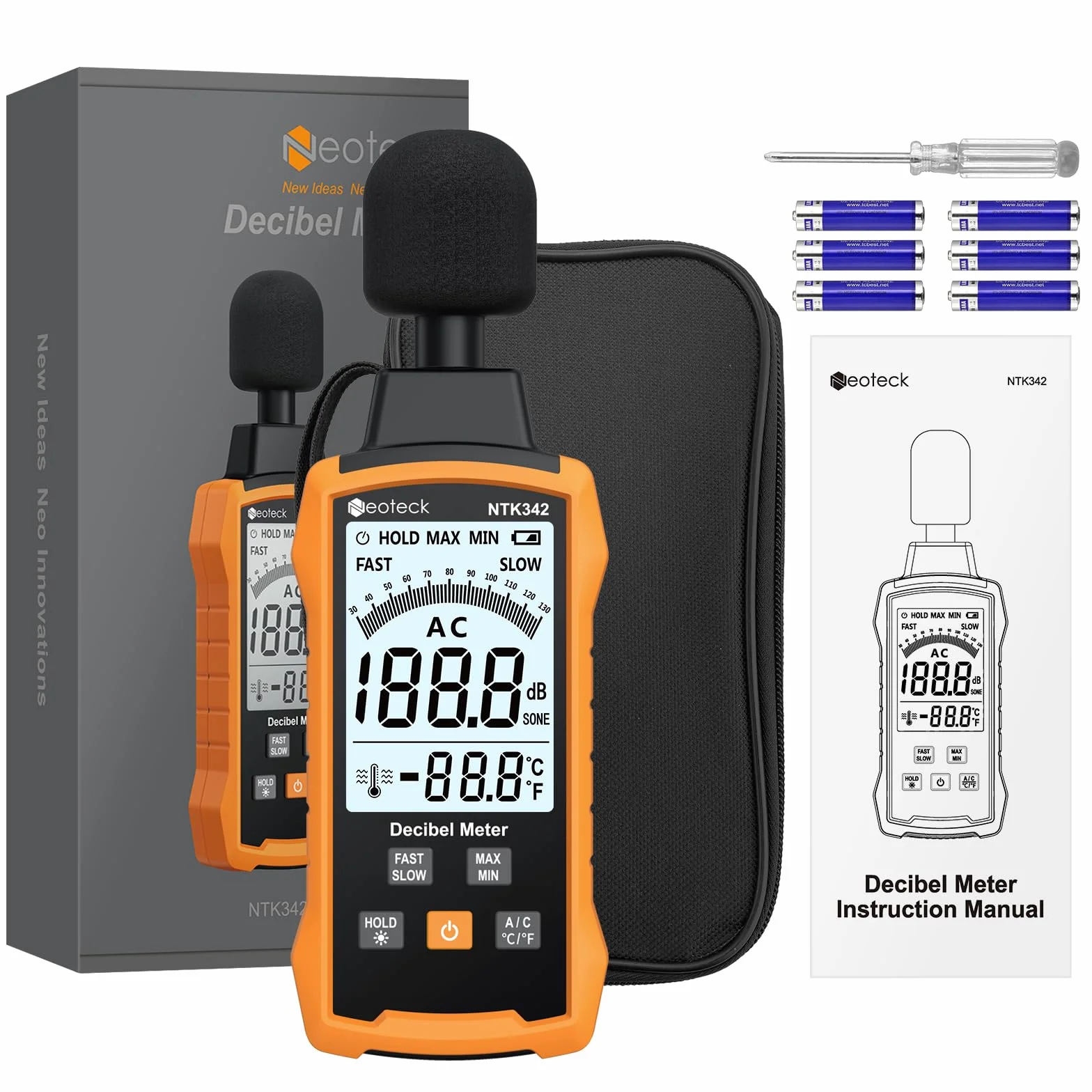 Neoteck Medidor Decibelios 30-130dB Medidor Portátil db con Ponderación A/C Sonometro con Pantalla Retroiluminada Blanca,MÁX/MÍN,Retención de Datos Sonometro para Hogar Oficina Fábrica