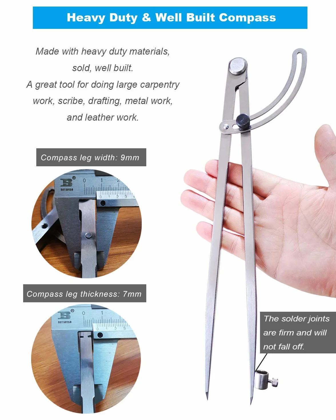 Brújula profesional de carpintería 12 pulgadas con soporte para lápices, divisor de ala con cerradura, brújula de trabajo de cuero