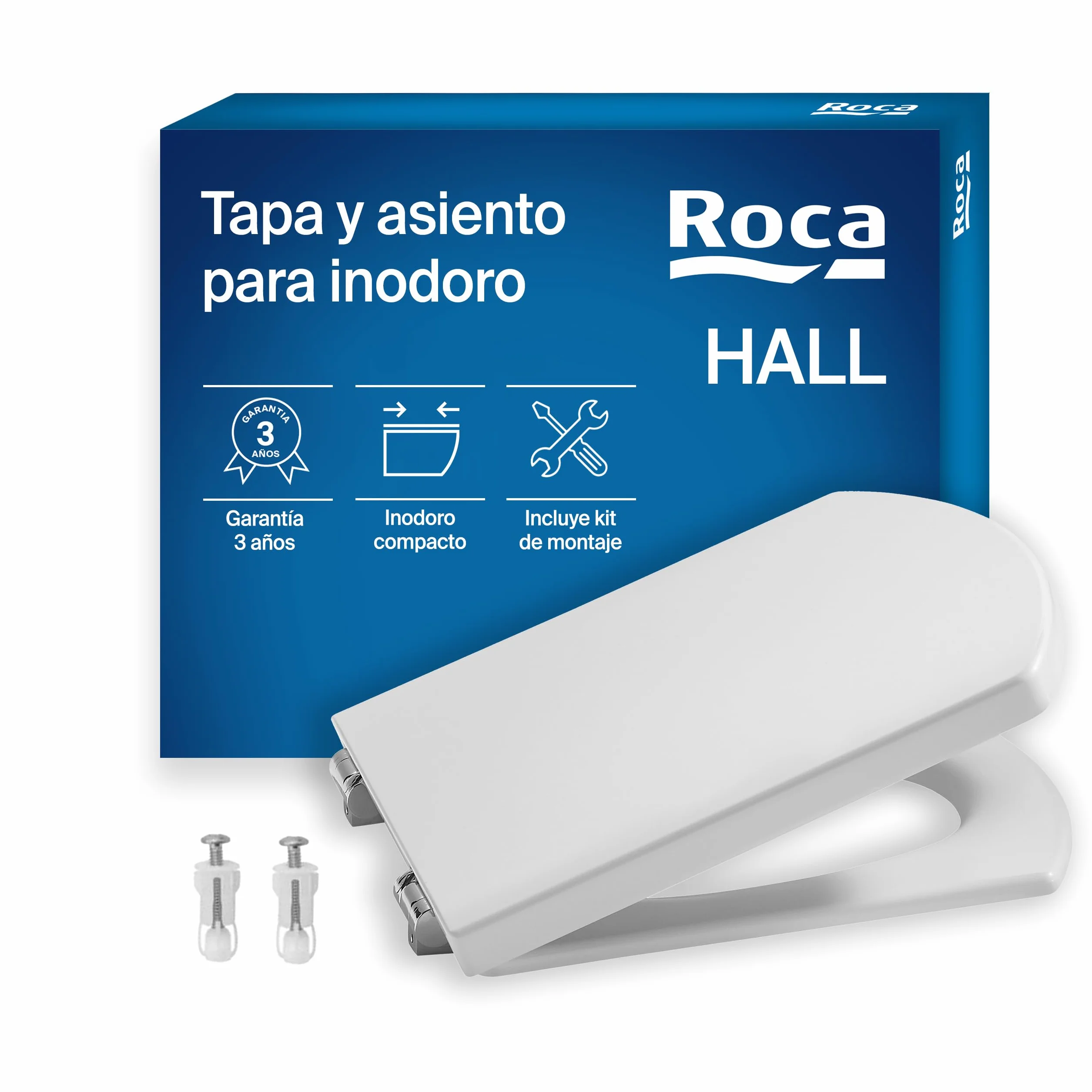 Roca Hall - Tapa y asiento para inodoro compacto con bisagras de acero inoxidable, tapadera de WC original con ajuste perfecto, recambio de tapa de váter resistente, blanco, A801620004