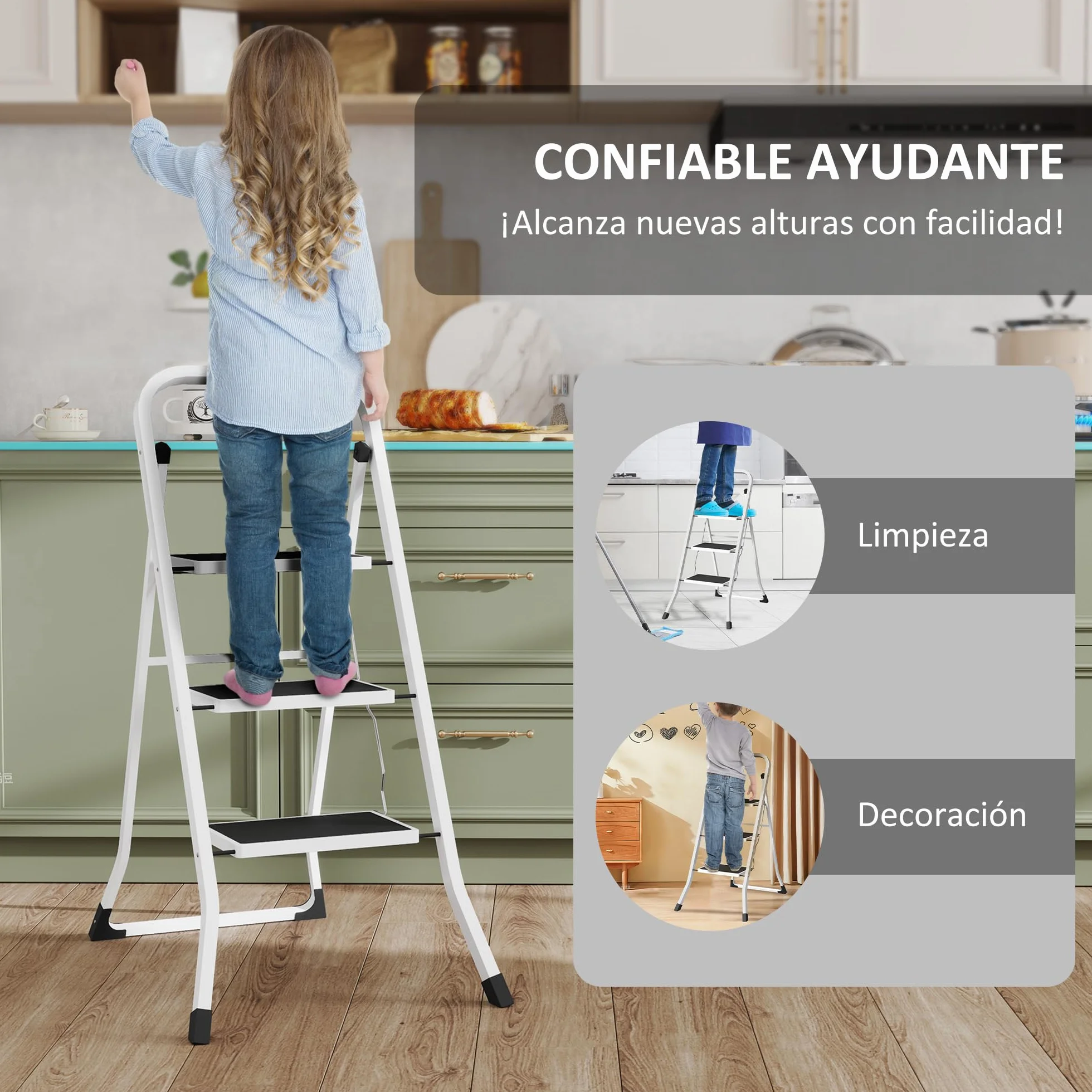 HOMCOM Escalera Plegable de 3 Peldaños Escalera de Tijera Carga hasta 150 kg con Pedal Antideslizante Fácil de Guardar y Transportar para Hogar Cocina Oficina Blanco