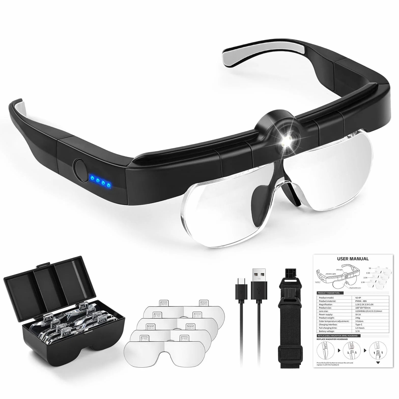 NZQXJXZ Lupa con Diadema con Luz LED, 1.5X 2.5X 3.5X 5X lupas de Gran Aumento con luz, Ajustable Gafas de Aumento Lupa para Leer, Coser, Reparaciones, Joyería, Negro