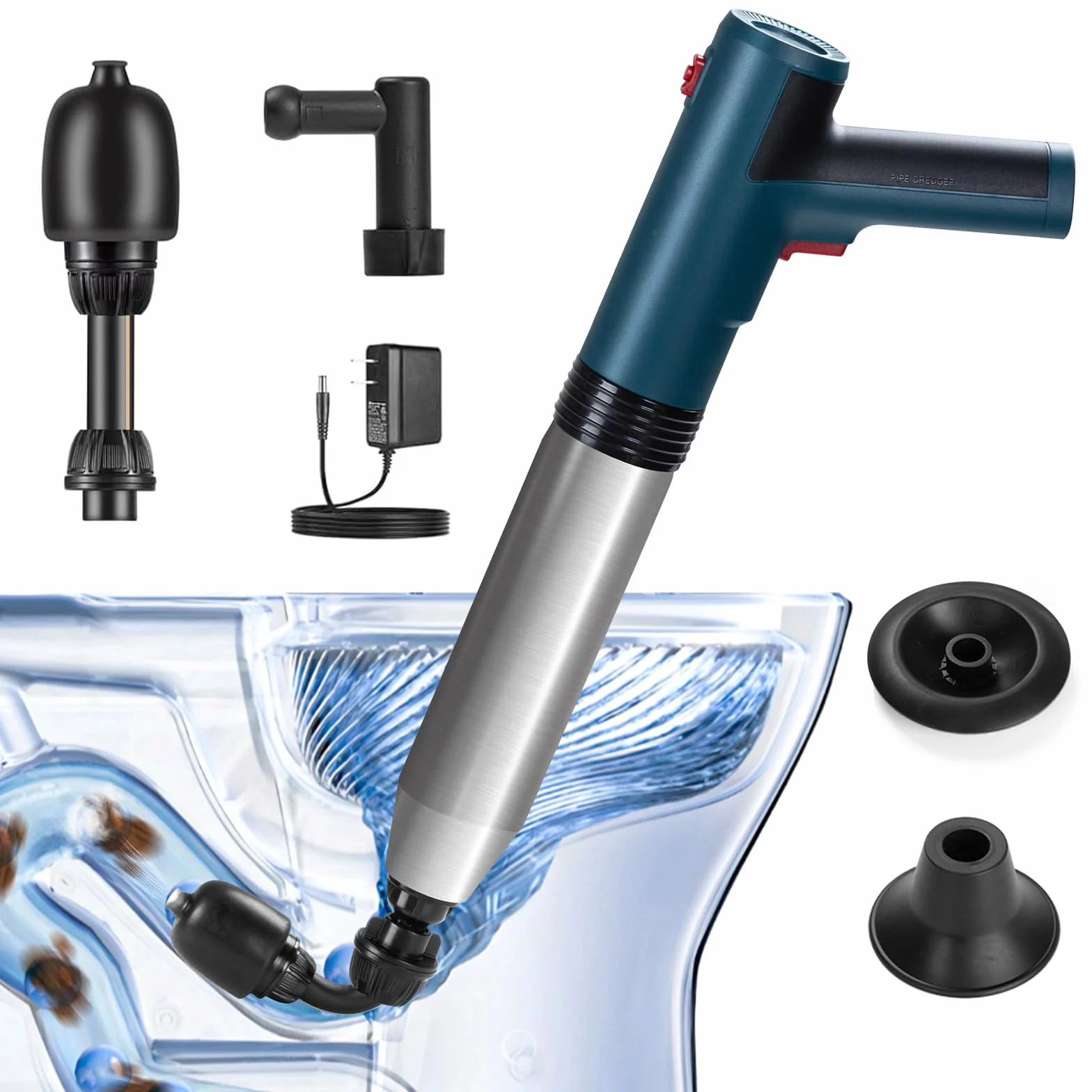 Desatascador Tuberias a Presion Eléctrico con Indicador de Presión de Aire, Desatascador Tuberias con 4 Ventosas, Guantes y Pinza de Garra, Desatascador WC para Inodoros, Tuberías de Cocina