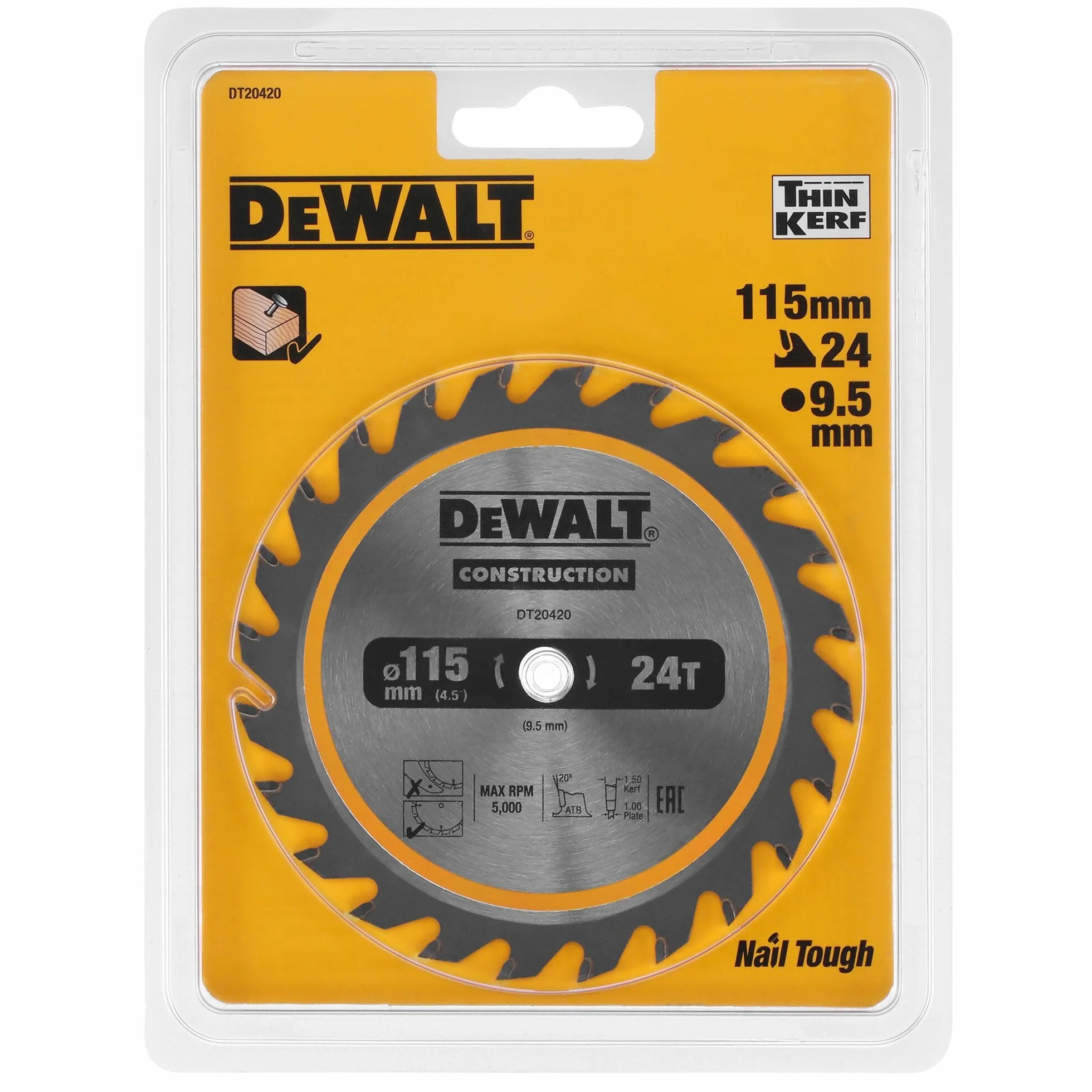 DEWALT DT20420-QZ - Hoja de sierra circular para construcción 115/9,5mm 24WZ, Ángulo de dentado 20°, Ancho de corte 1,5mm, Para uso universal, Con Nail Tough para serrar madera con clavos