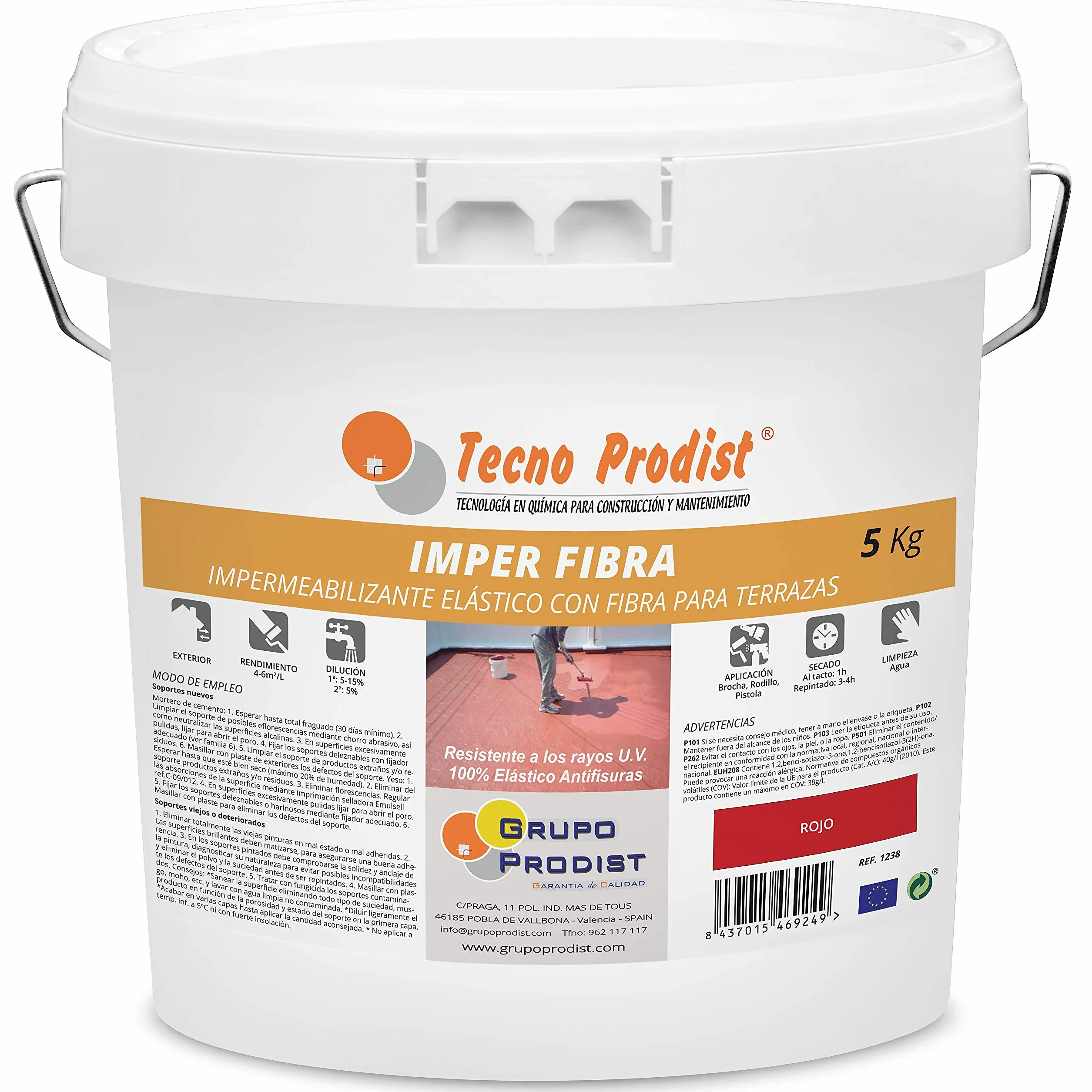 Tecno Prodist IMPER FIBRA (5 Kg, ROJO) Pintura Terrazas Impermeabilizante y elástica con Fibras Incorporadas - Gran cubrición - (A Rodillo o brocha, disponible en color rojo o blanco)