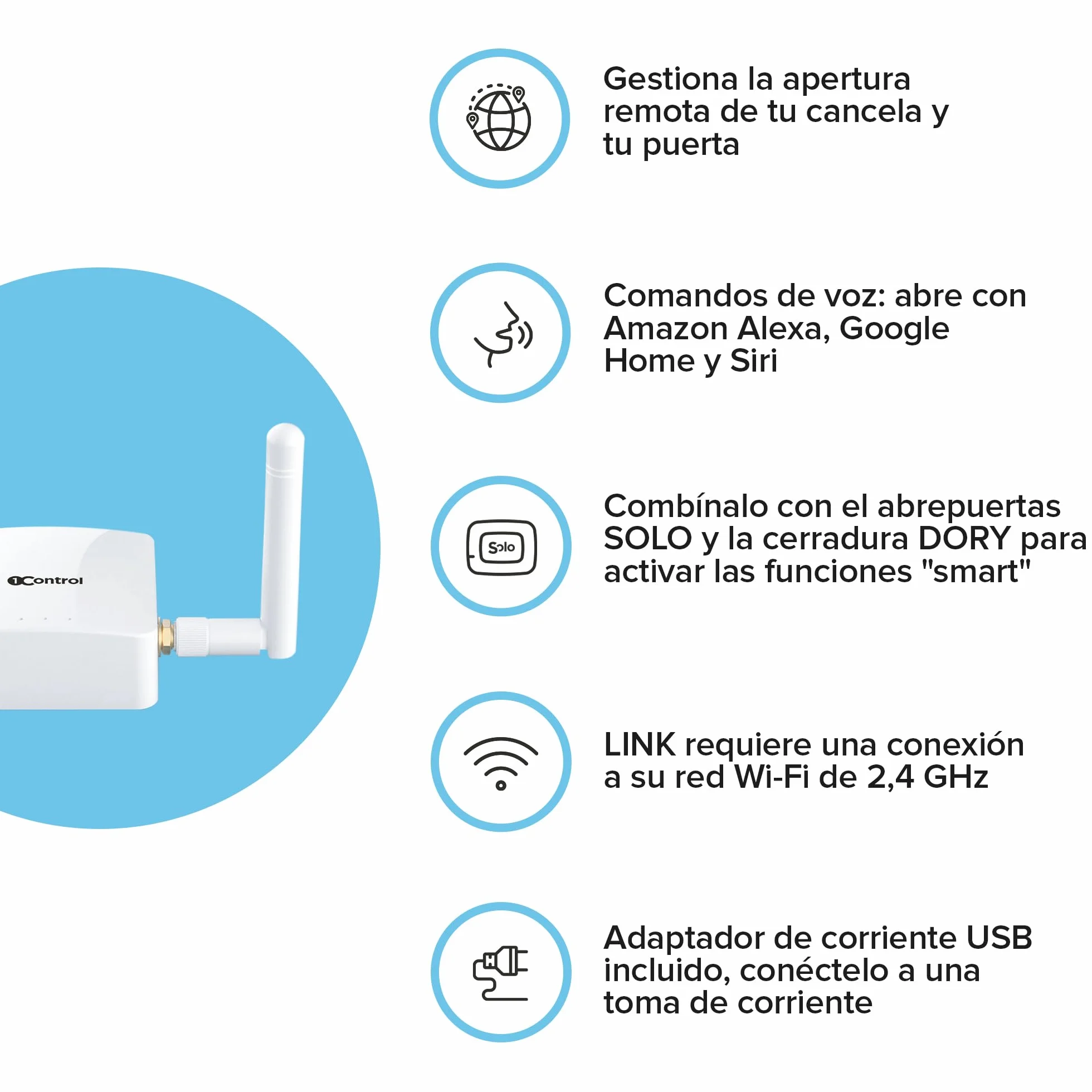 1Control Link Accesorio Wi-Fi Apertura Remota y Comandos Vocales Compatible con Abridor de Puerta y Garaje Solo de 2ª Generación, Alexa, Google Home y Siri, Made in Italy