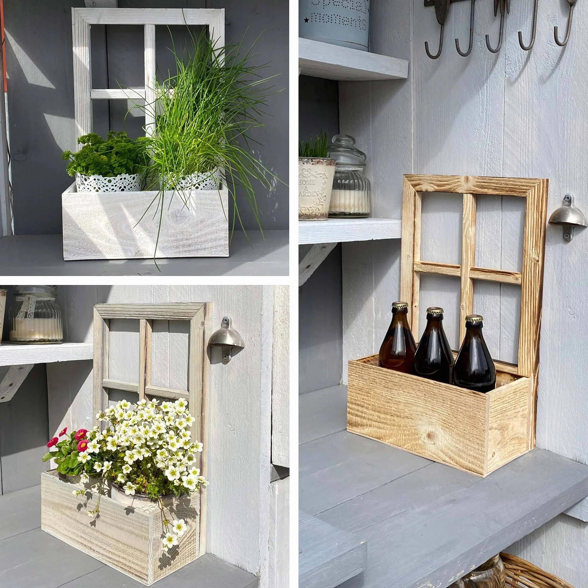 UNUS Ventana de madera con banco de plantas, decoración de madera envejecida flameada, 2 unidades