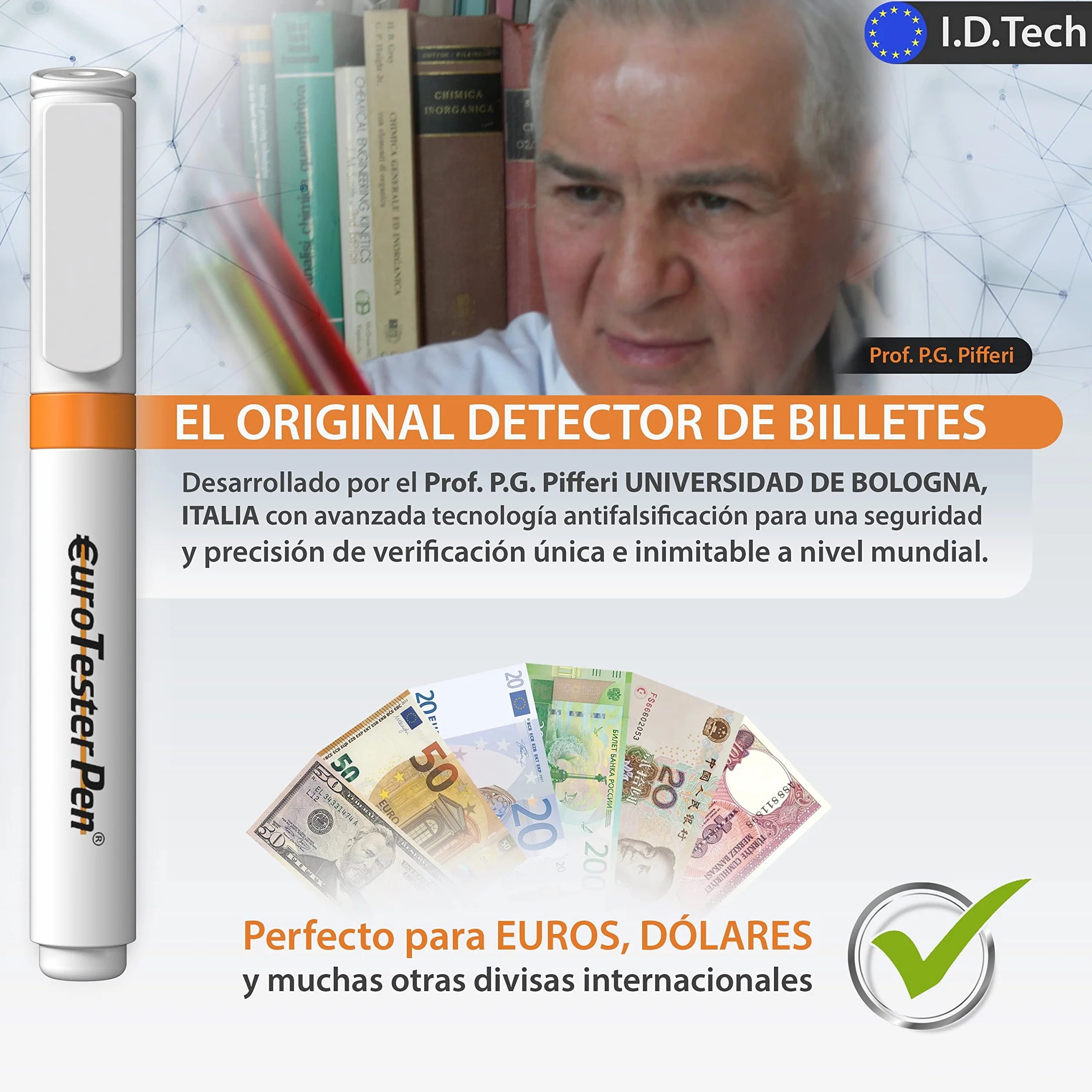EURO TESTER PEN XL - Profesional Detector Billetes Falsos, Rotulador para Euro Dolar Libras y Monedas Internacionales, Original Made in Italy