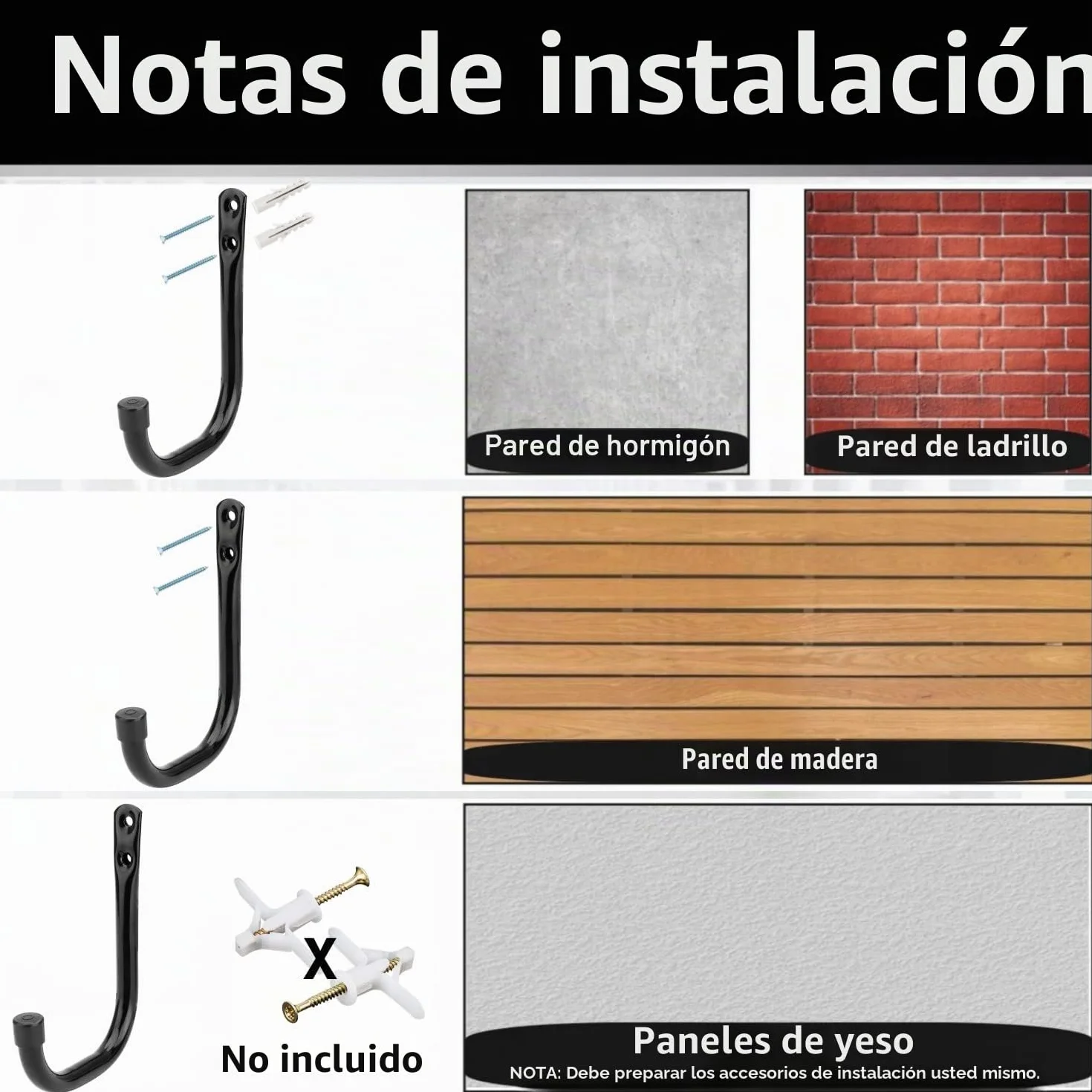 Ganchos de garaje, paquete de 6 ganchos de almacenamiento resistentes, ganchos de herramientas de jardín de 10,5 cm, ganchos de fijación para montaje en pared