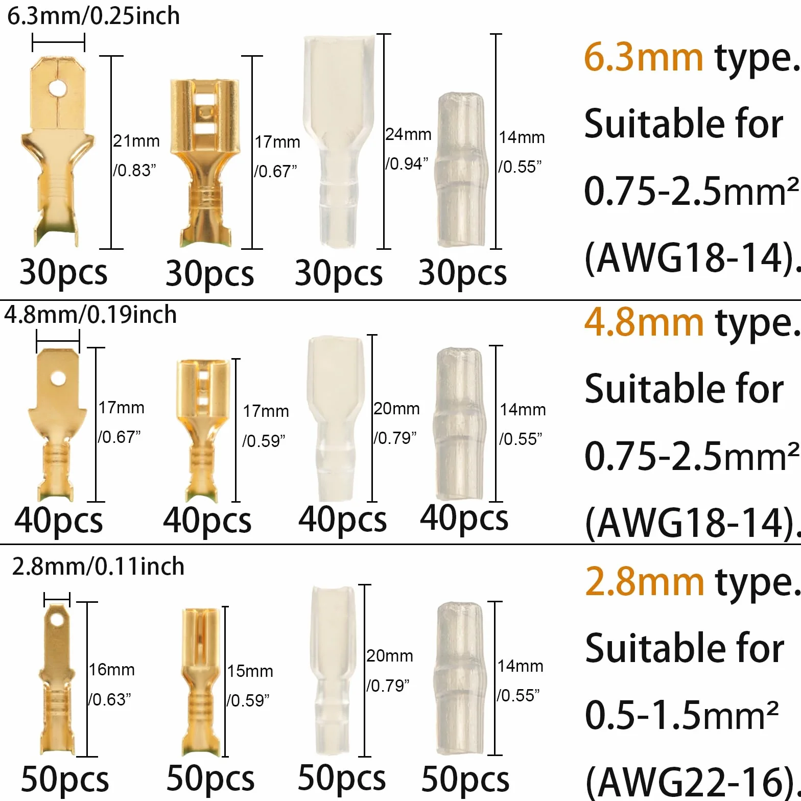 Conectores de Pala Macho y Hembra 2,8mm 4,8mm 6,3mm Aislados Terminales Faston 480pcs