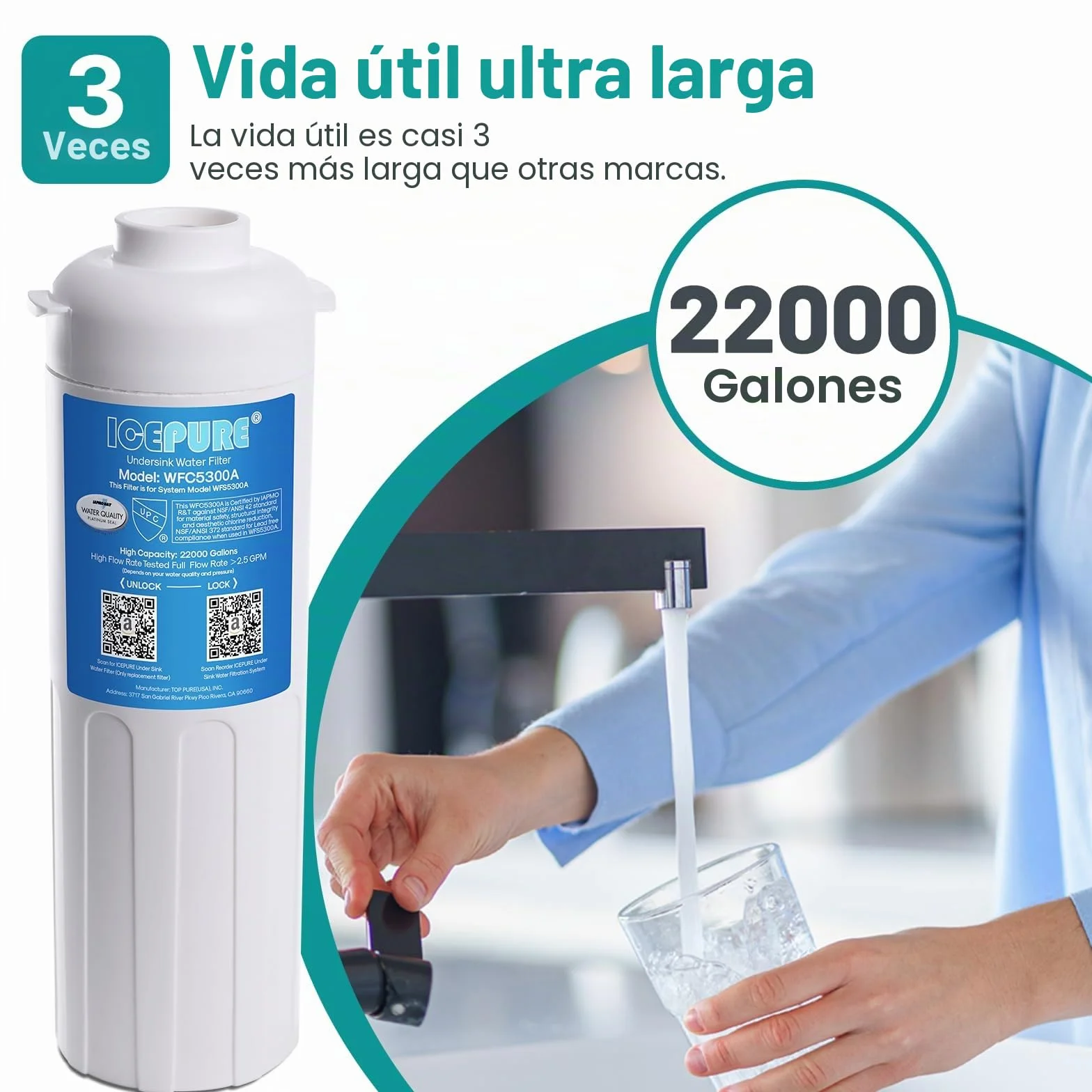 ICEPURE WFS5300A sistema de filtro de agua debajo del fregadero, grifo principal de 20 K galones de capacidad ultra alta bajo sistema de filtración de agua, mal sabor, 0.5 micras