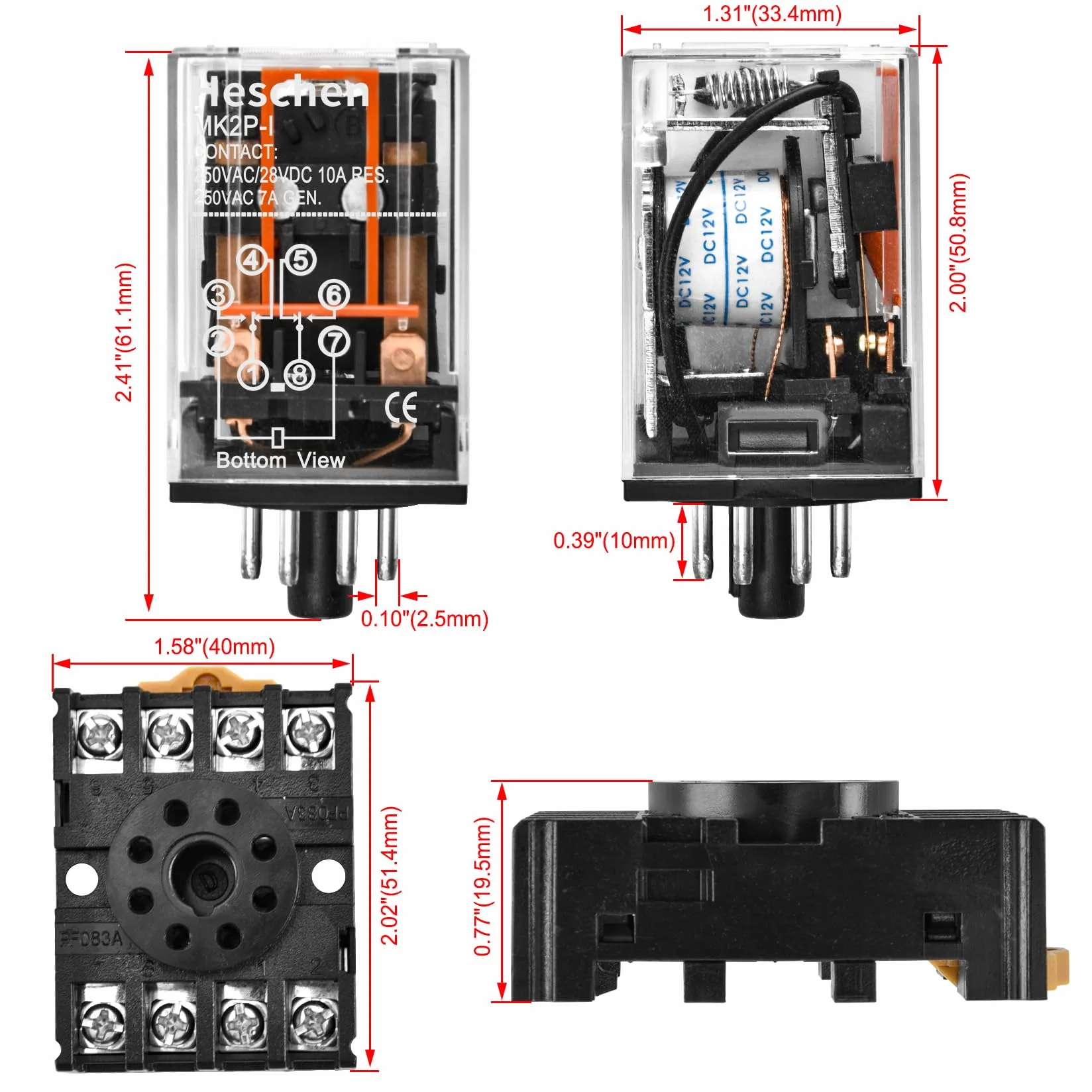Heschen Gereral Relais MK2P-I DC 12V Bobina DPDT 8 pines con conector terminal enchufable PYF83A